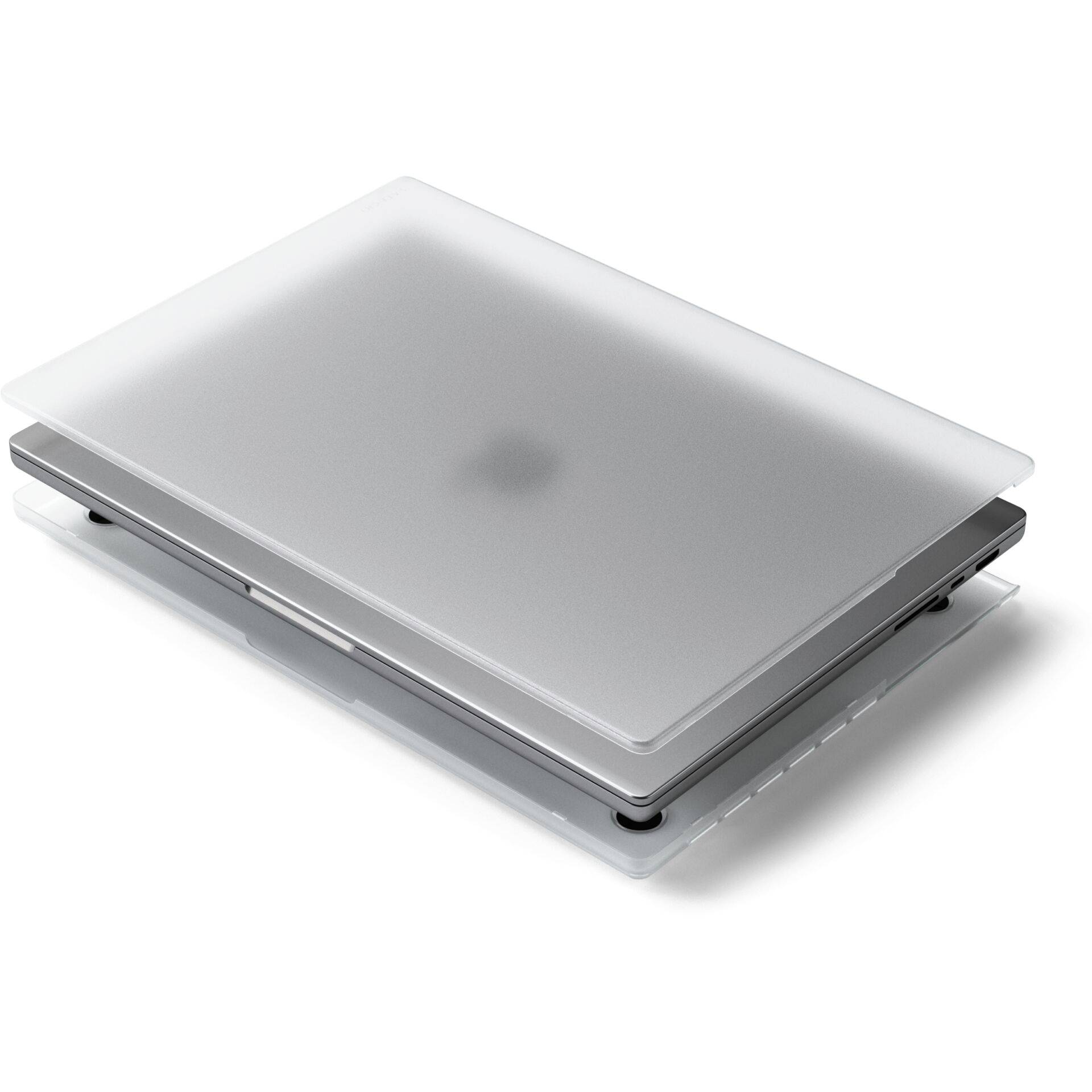 Napůl otevřený stříbrný notebook s viditelným kloubem displeje. Zařízení vypadá nové a nepoužité.