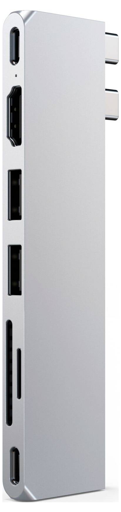 Stříbrný USB-C hub s více porty, včetně USB, HDMI a čtečky karet. Navržen pro připojení k laptopům.