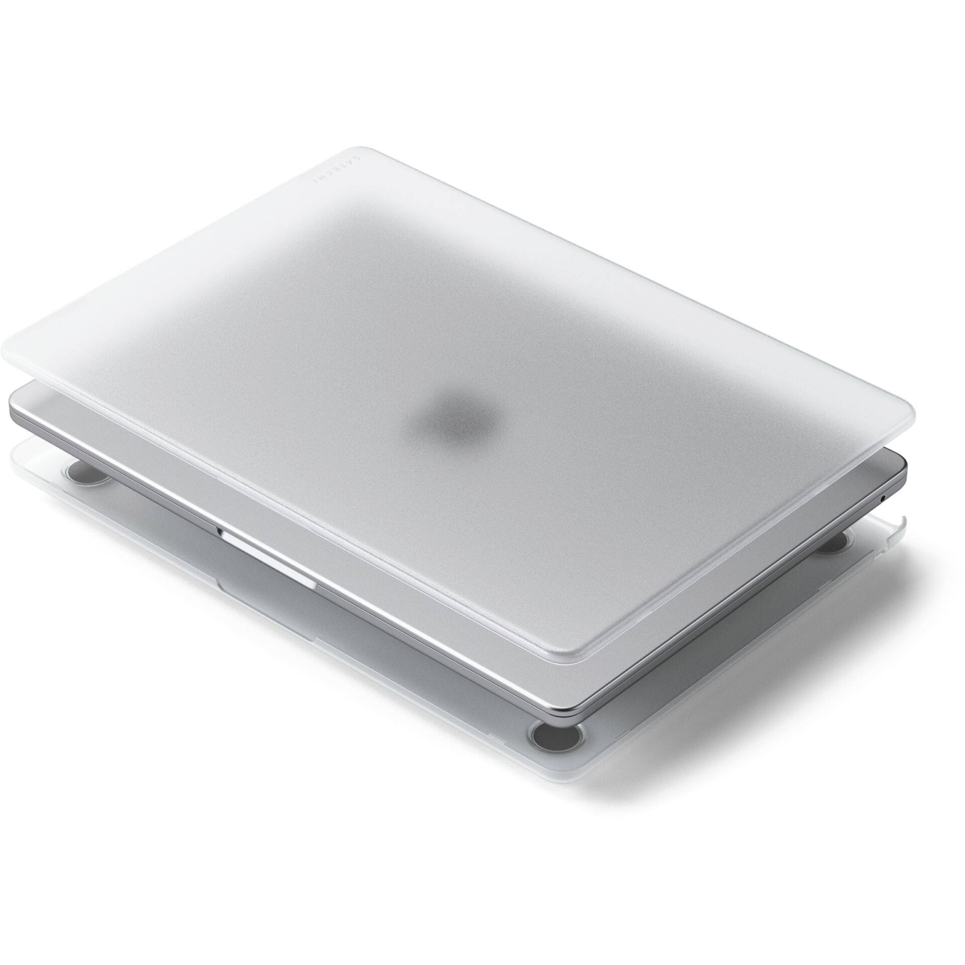 Uzavřený notebook s průsvitným krytem na bílém pozadí.