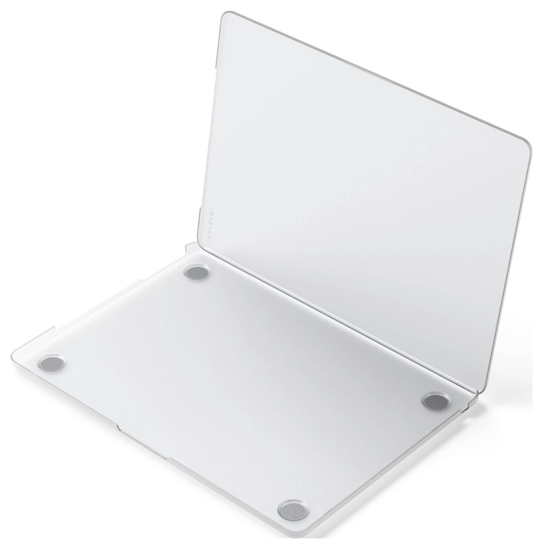 Průhledný, otevřený ochranný obal na notebook se čtyřmi kulatými podložkami pro stabilitu.
