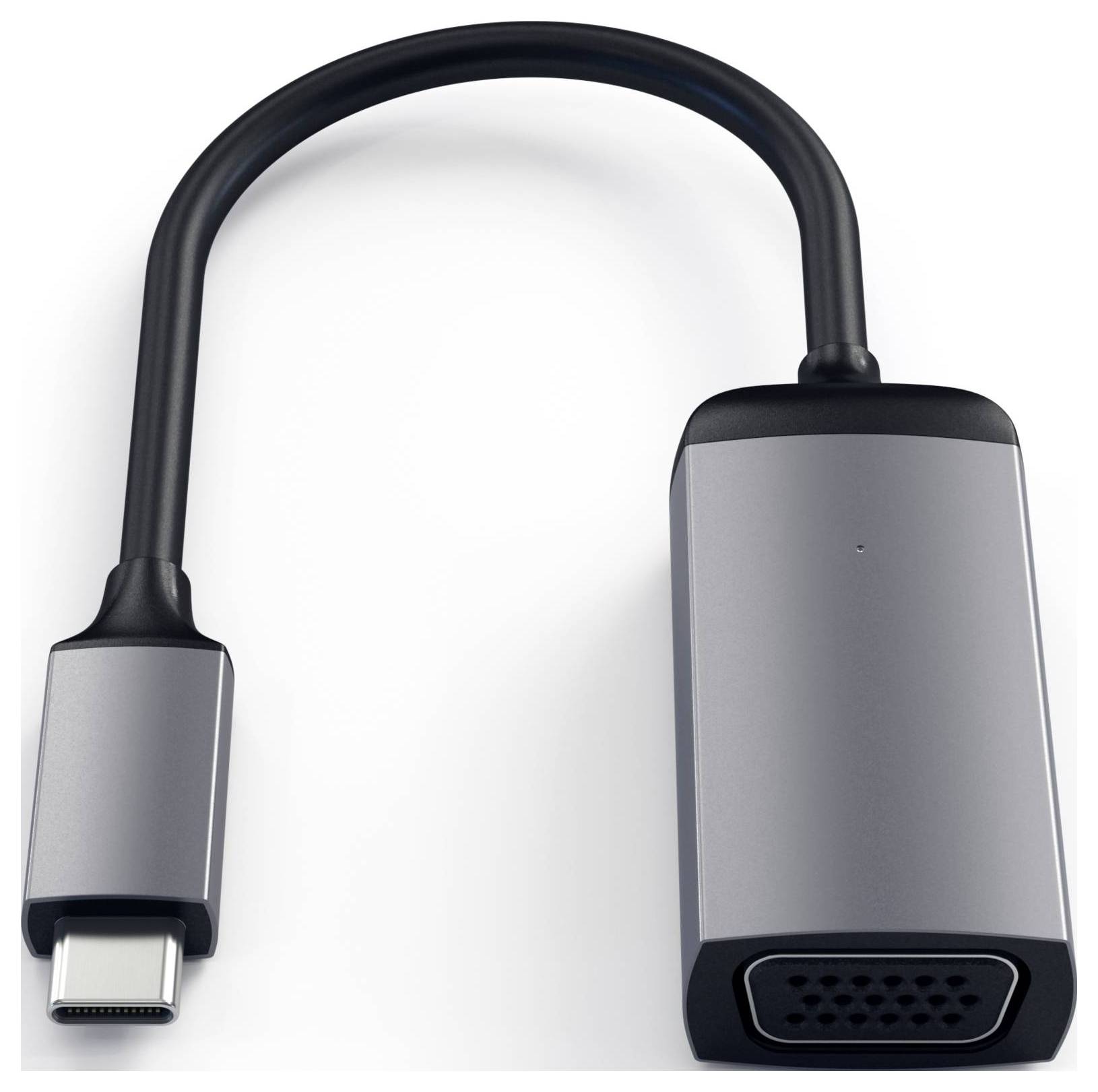 USB-C na VGA adaptér s šedým tělem a černým kabelem, který propojuje VGA zařízení s moderními zařízeními podporujícími USB-C.