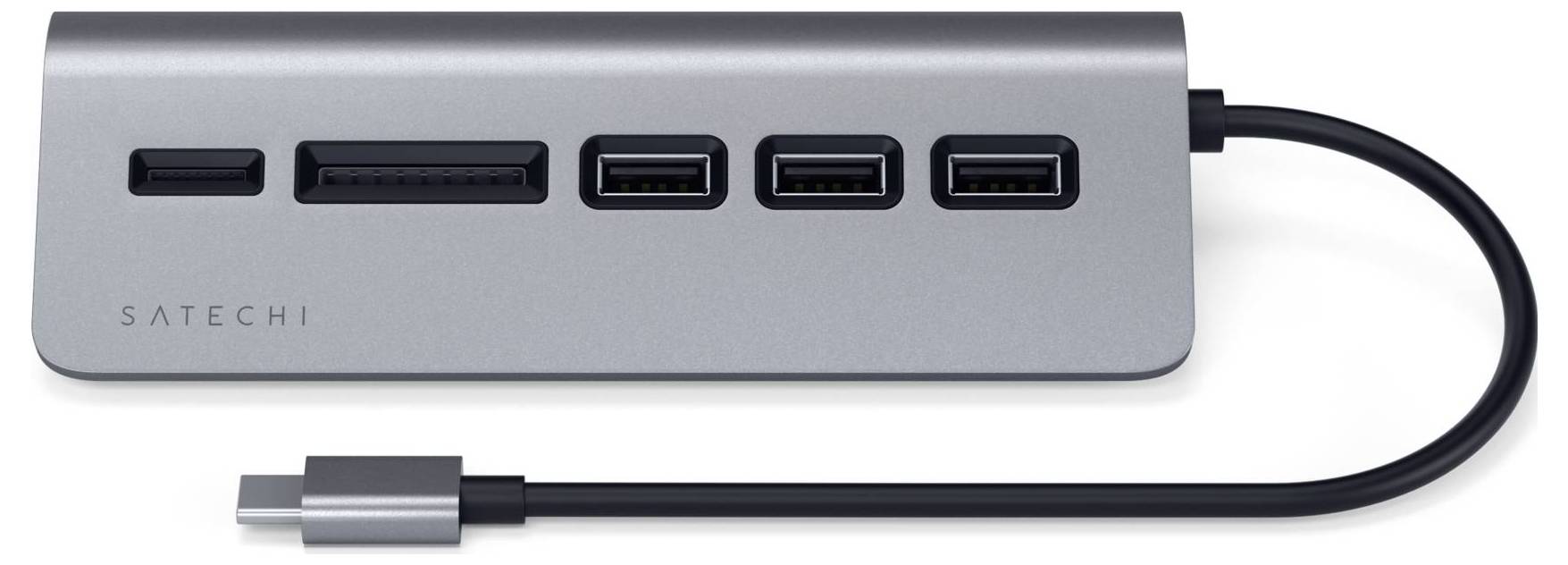 Stříbrný USB-C hub s více porty, včetně čtečky SD karet, dvou USB-A portů a HDMI výstupu. Ideální pro laptopy.