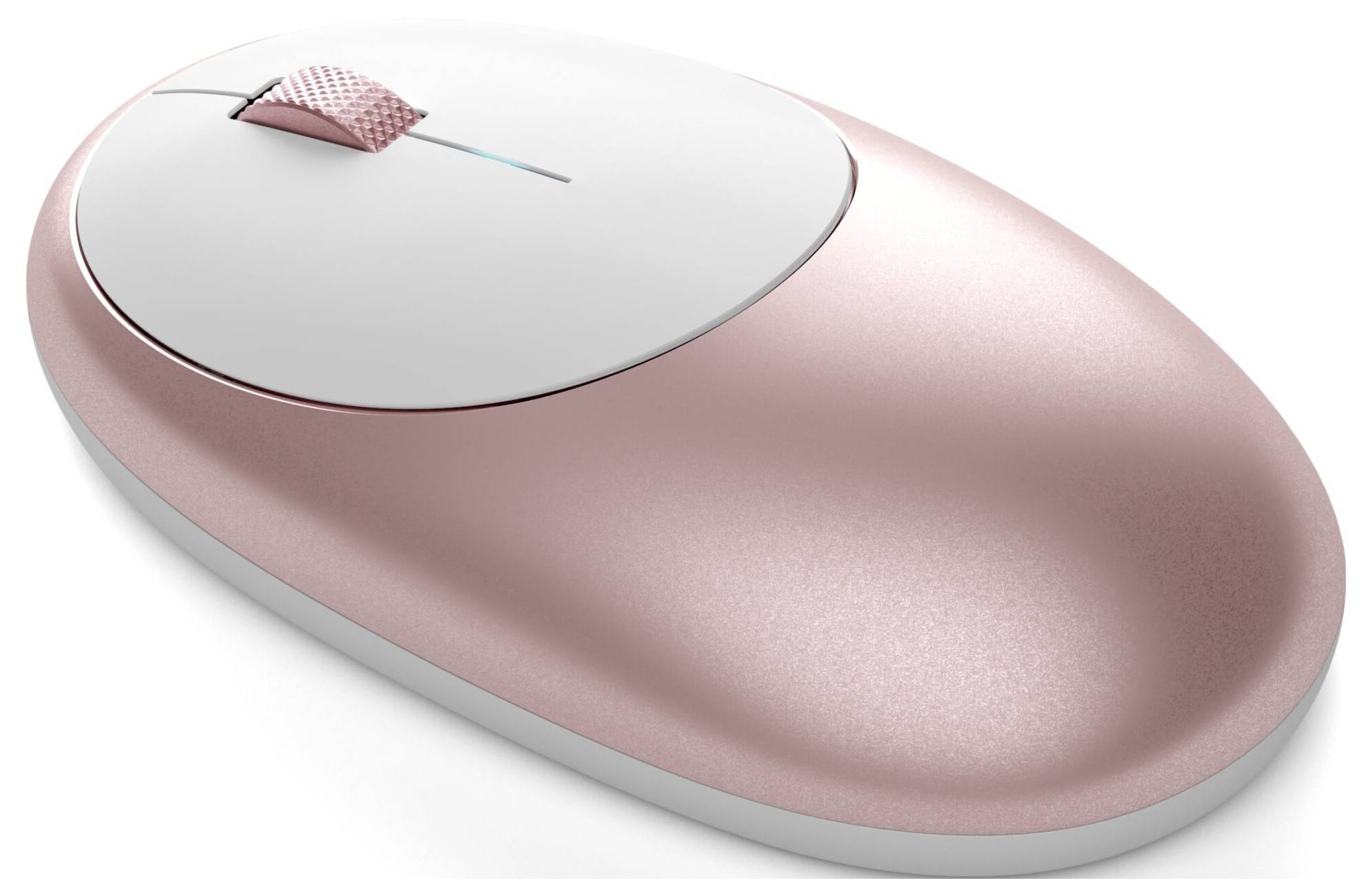Počítačová myš v barvě růžového zlata s hladkým, ergonomickým tvarem a nenápadným, elegantním designem.