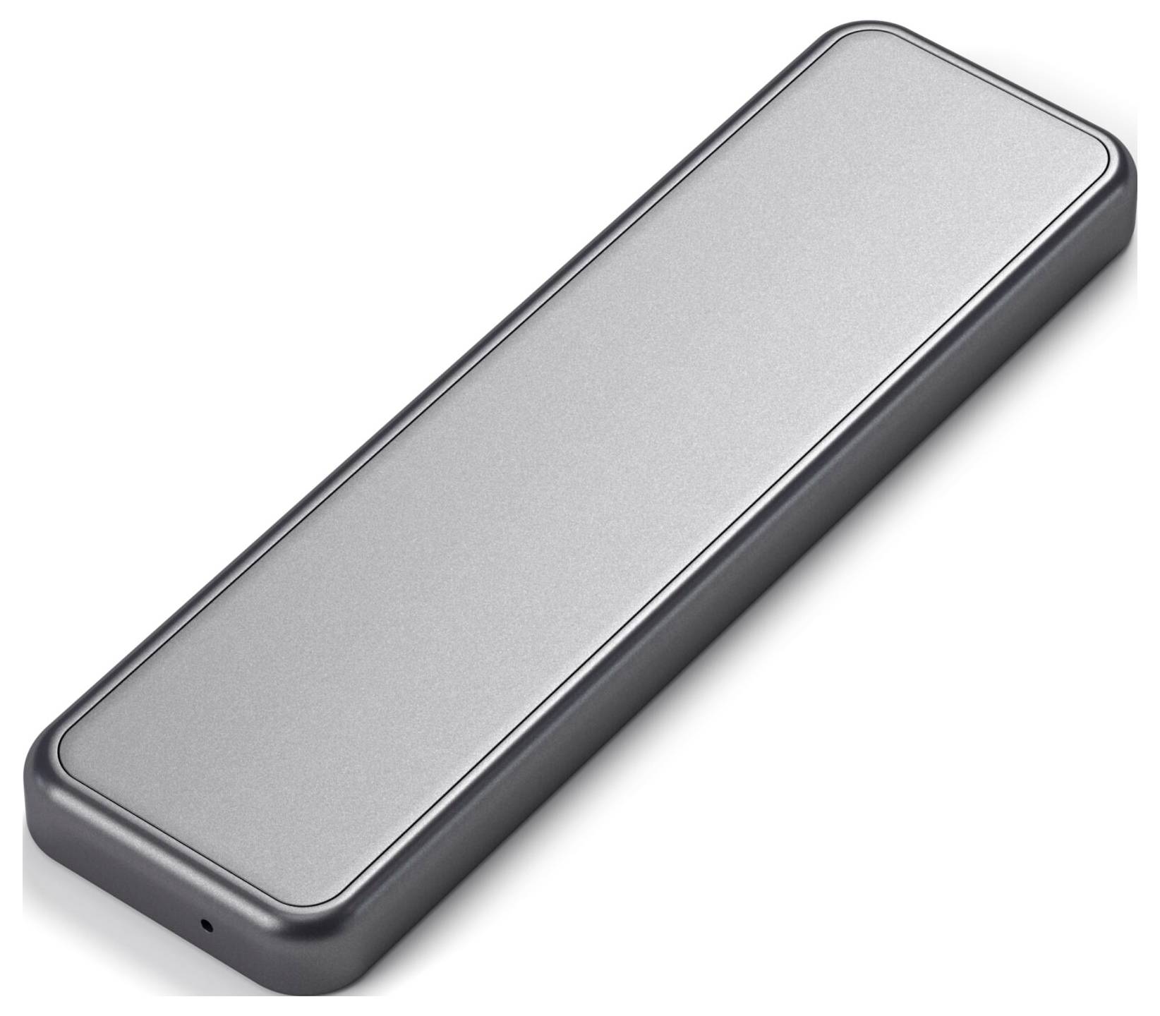 Obdélníkový stříbrný kovový kryt, pravděpodobně externí pevný disk nebo SSD, se zaoblenými rohy.