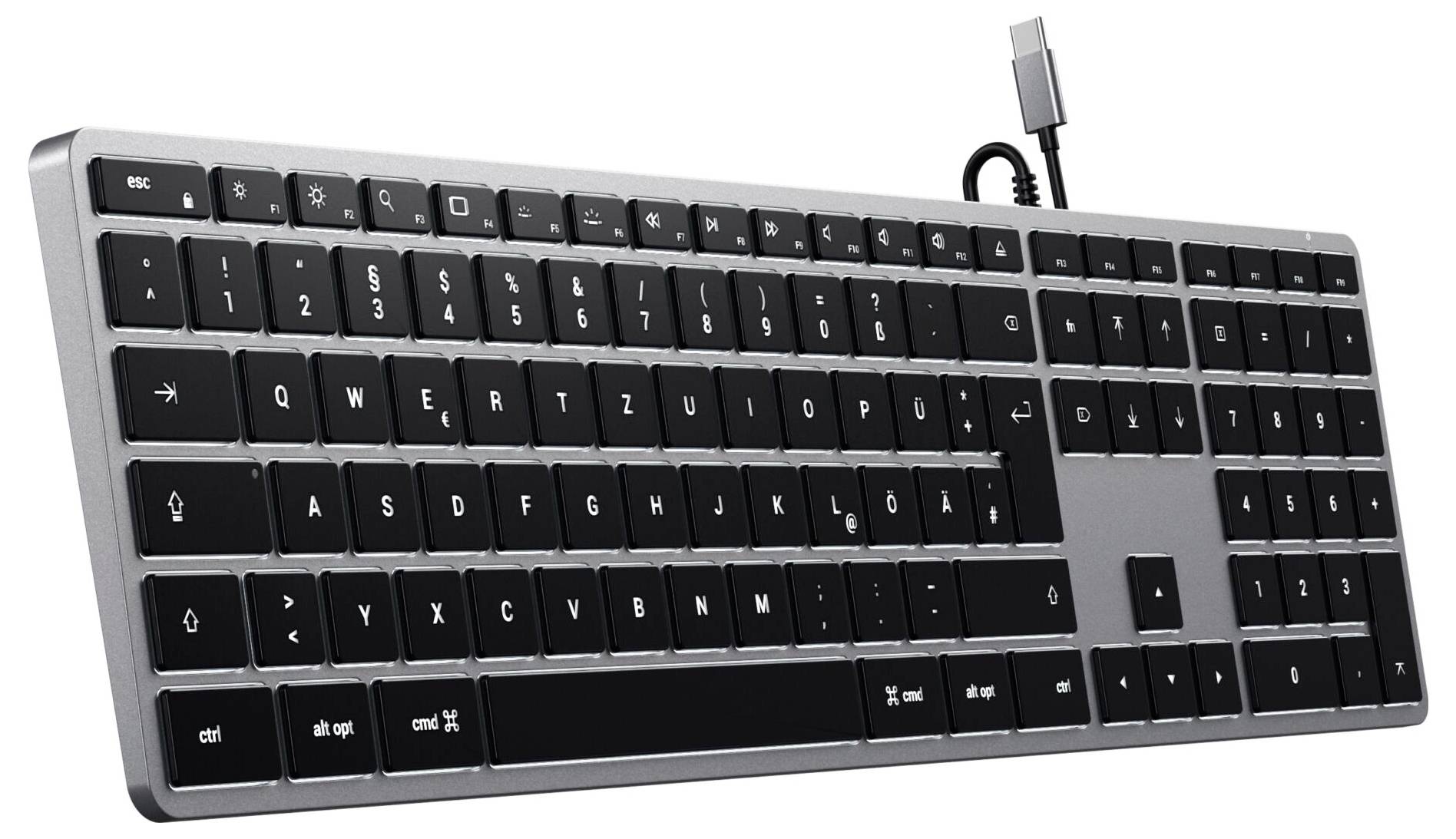 Černá počítačová klávesnice s německým rozložením QWERTZ a USB připojením, vhodná pro použití s počítačem nebo notebookem.