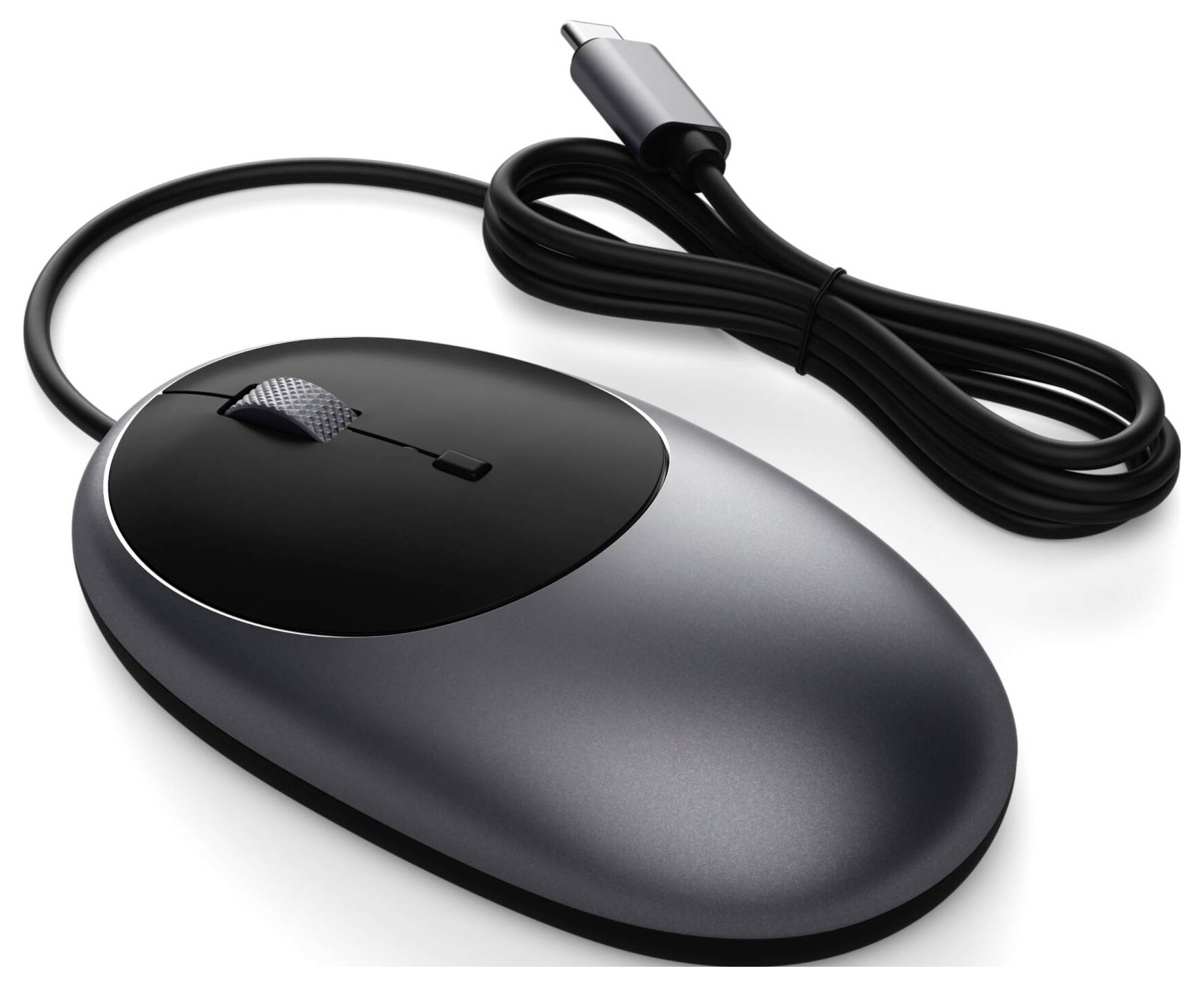 Šedá kabelová počítačová myš s černým povrchem a konektorem USB-C, umístěná na bílém pozadí.