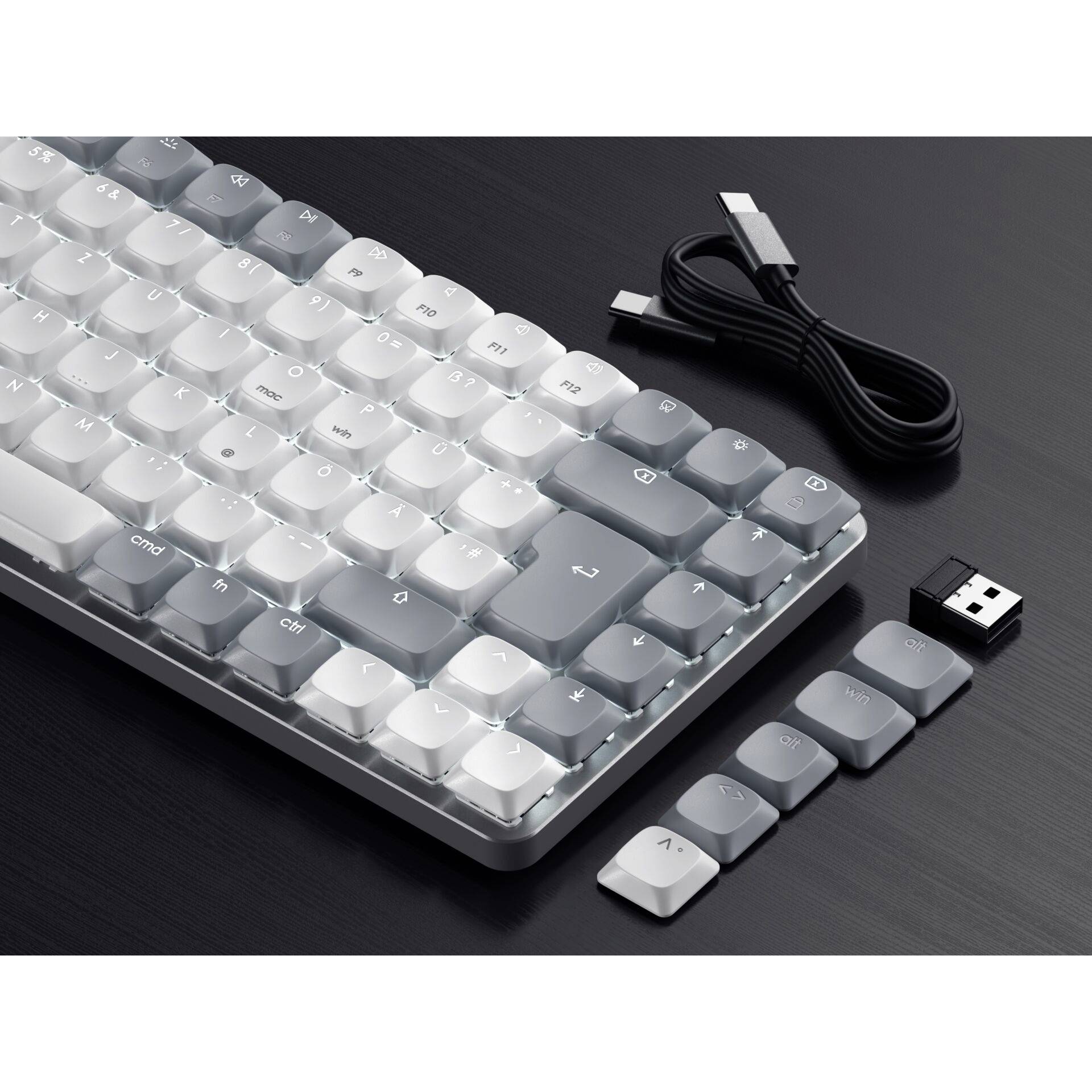 Mechanická klávesnice s šedými a bílými klávesami leží na stole. Vedle ní je USB kabel a náhradní klávesové kryty.