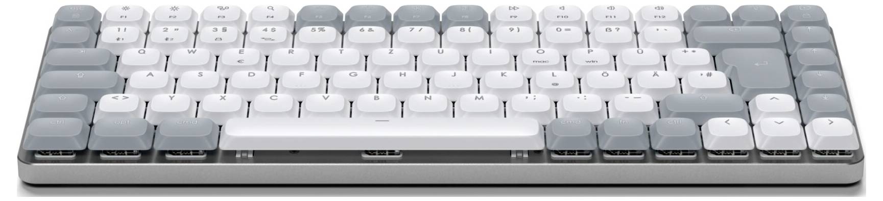 Bílá mechanická klávesnice s šedými okrajovými klávesami. Kompaktní design bez numerické klávesnice.