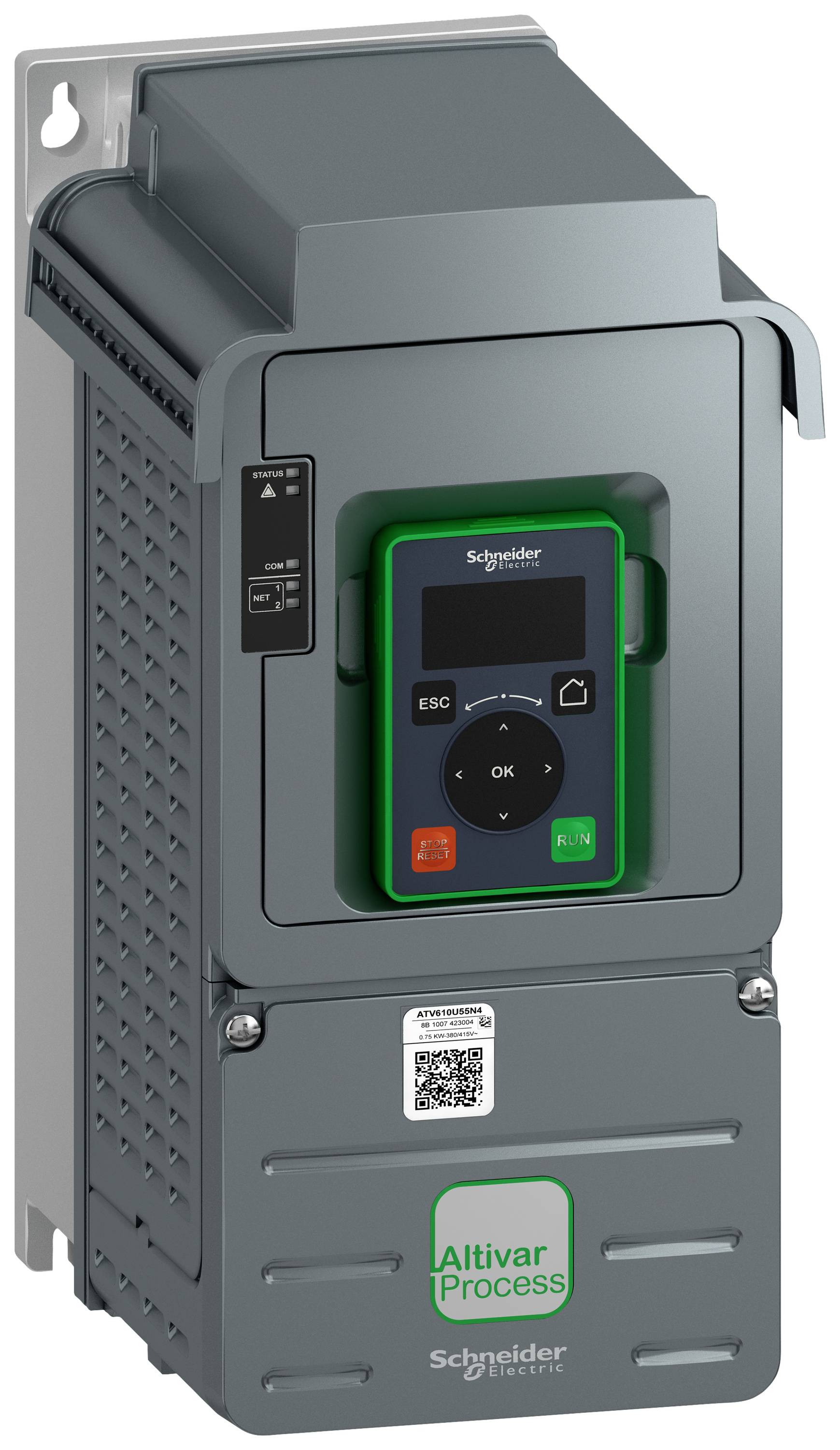 Frekvenční měnič značky Schneider Electric s displejem a ovládacími prvky. Model 'Altivar Process', vhodný pro průmyslové řízení.