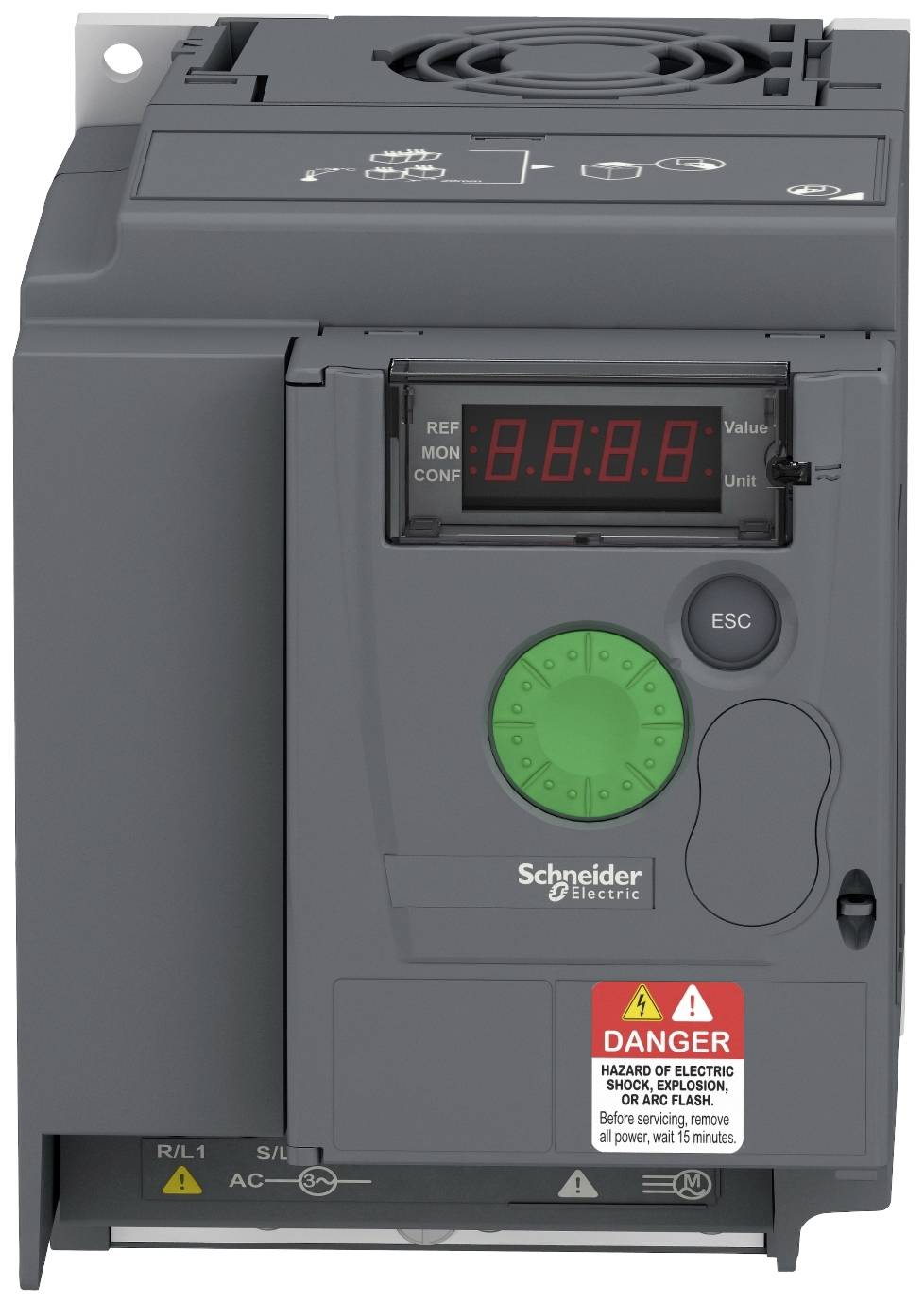 Šedý elektrický frekvenční měnič od Schneider Electric s displejem a ovládacími tlačítky. Níže umístěné varování před nebezpečným napětím.