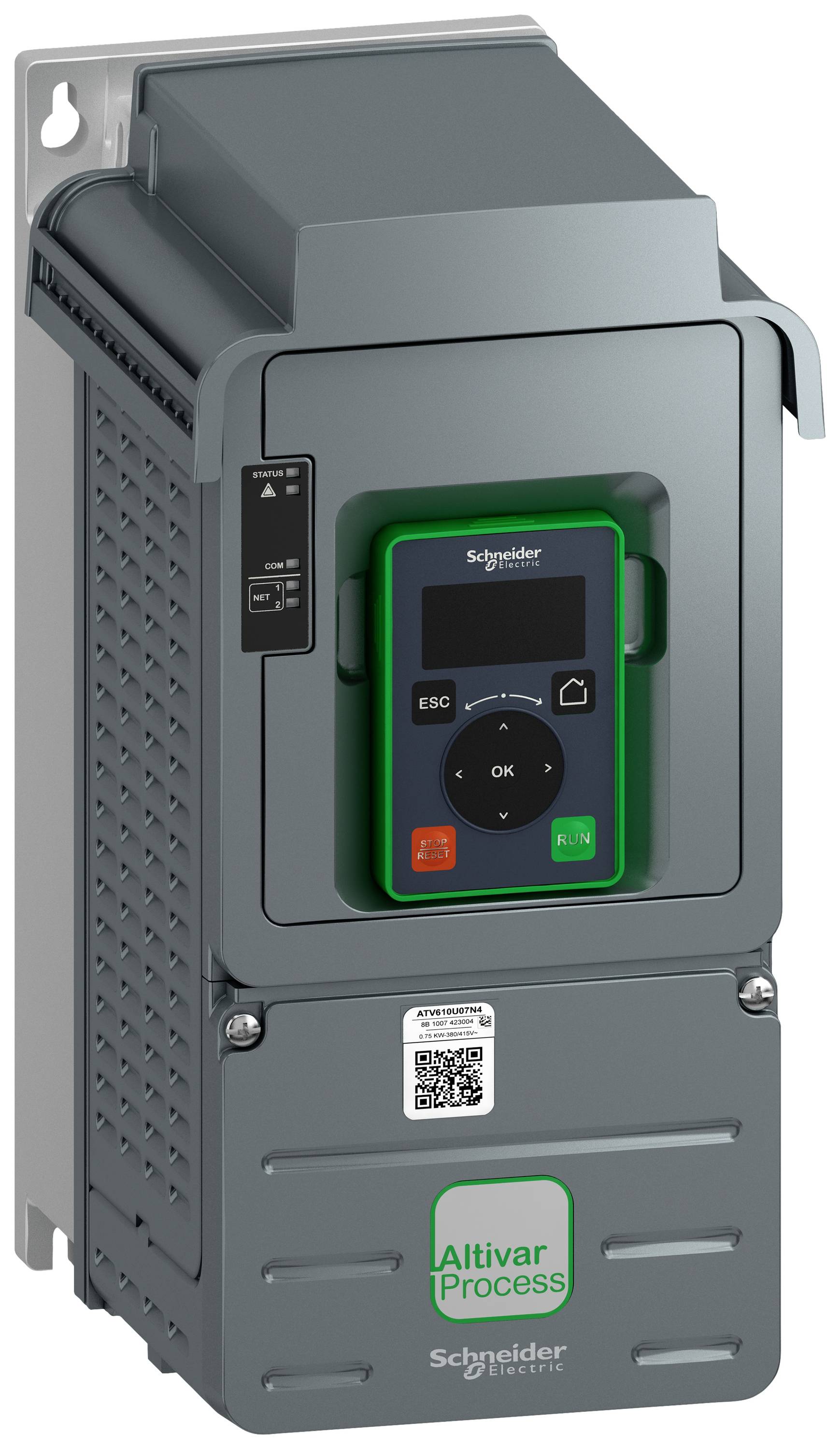 Frekvenční měnič Altivar od společnosti Schneider Electric, šedý s ovládacím panelem v zelené a černé barvě, určený pro řízení elektromotorů.