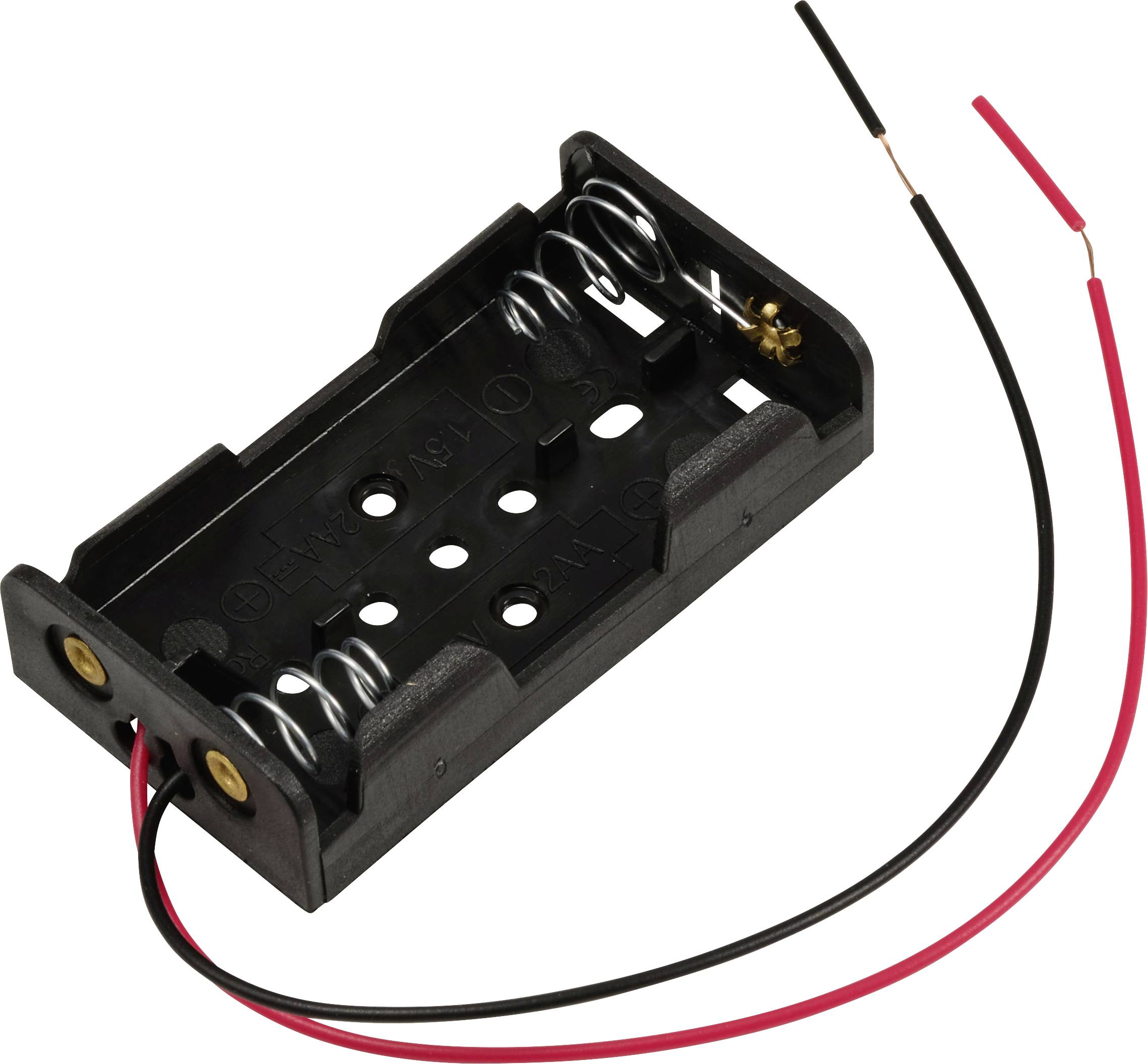 Černý držák baterií pro 2 AA baterie s červenými a černými připojovacími kabely. Boční kovové kontakty pro přenos elektrického proudu.