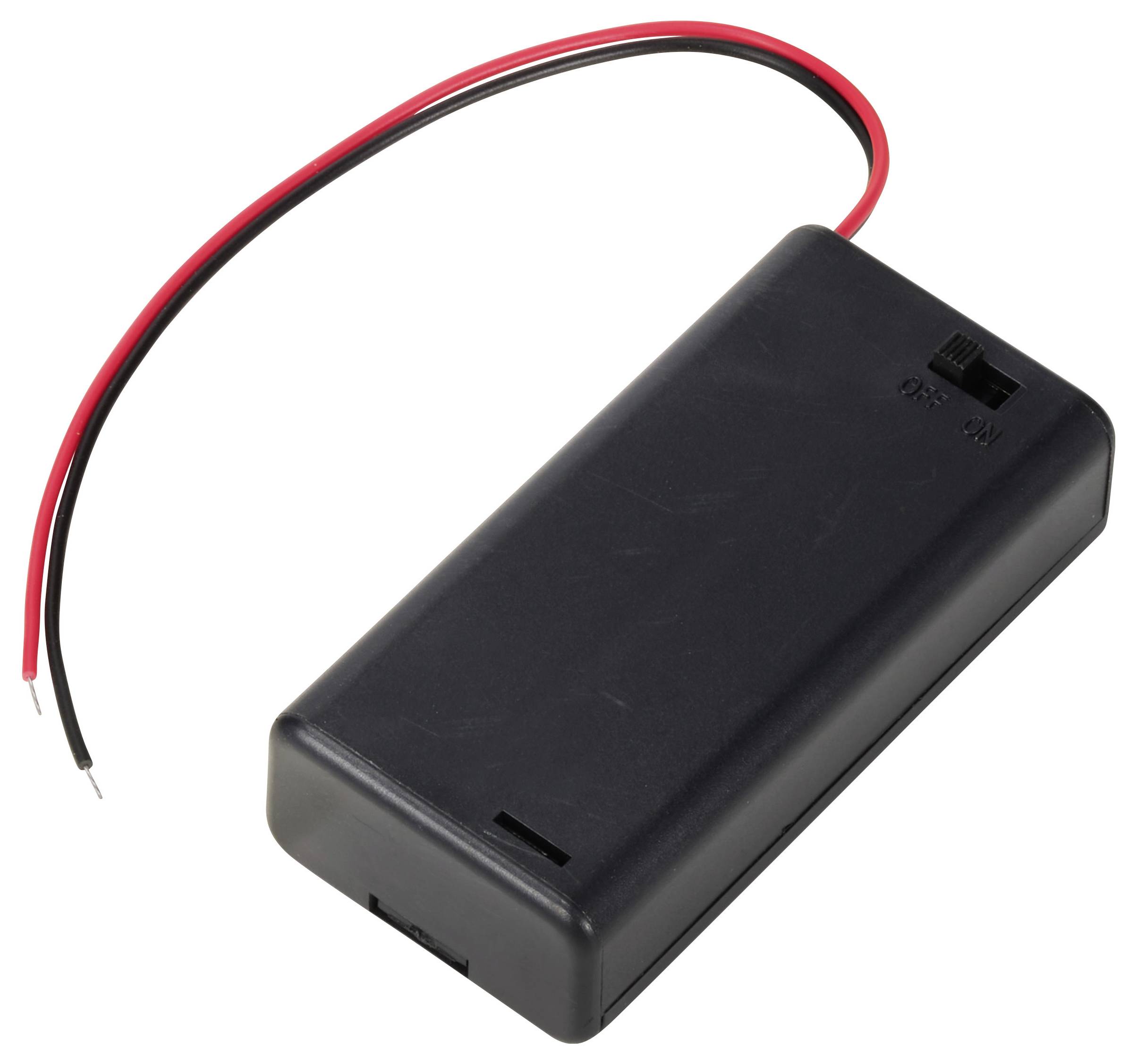 Černý prostor pro baterii se dvěma vycházejícími vodiči, jedním červeným a jedním černým, pro napájení elektronických zařízení.