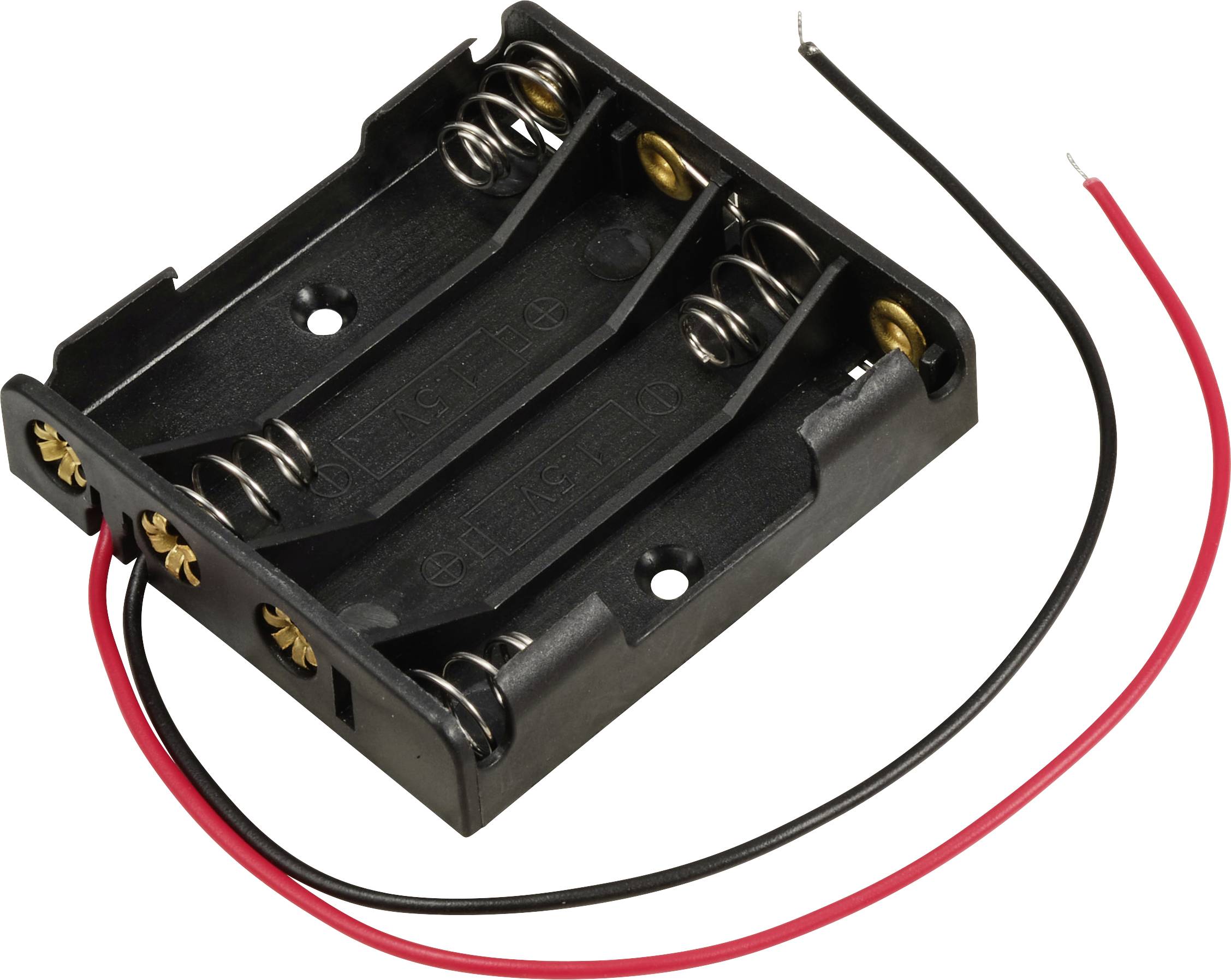 Držák baterií pro čtyři baterie AA s červenými a černými vodiči pro napájení elektronických zařízení.