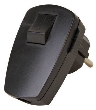 Černý spínač zásuvky s vypínačem zapnuto/vypnuto, s postranně viditelnou zástrčkou. Ideální pro ovládání elektrických zařízení.