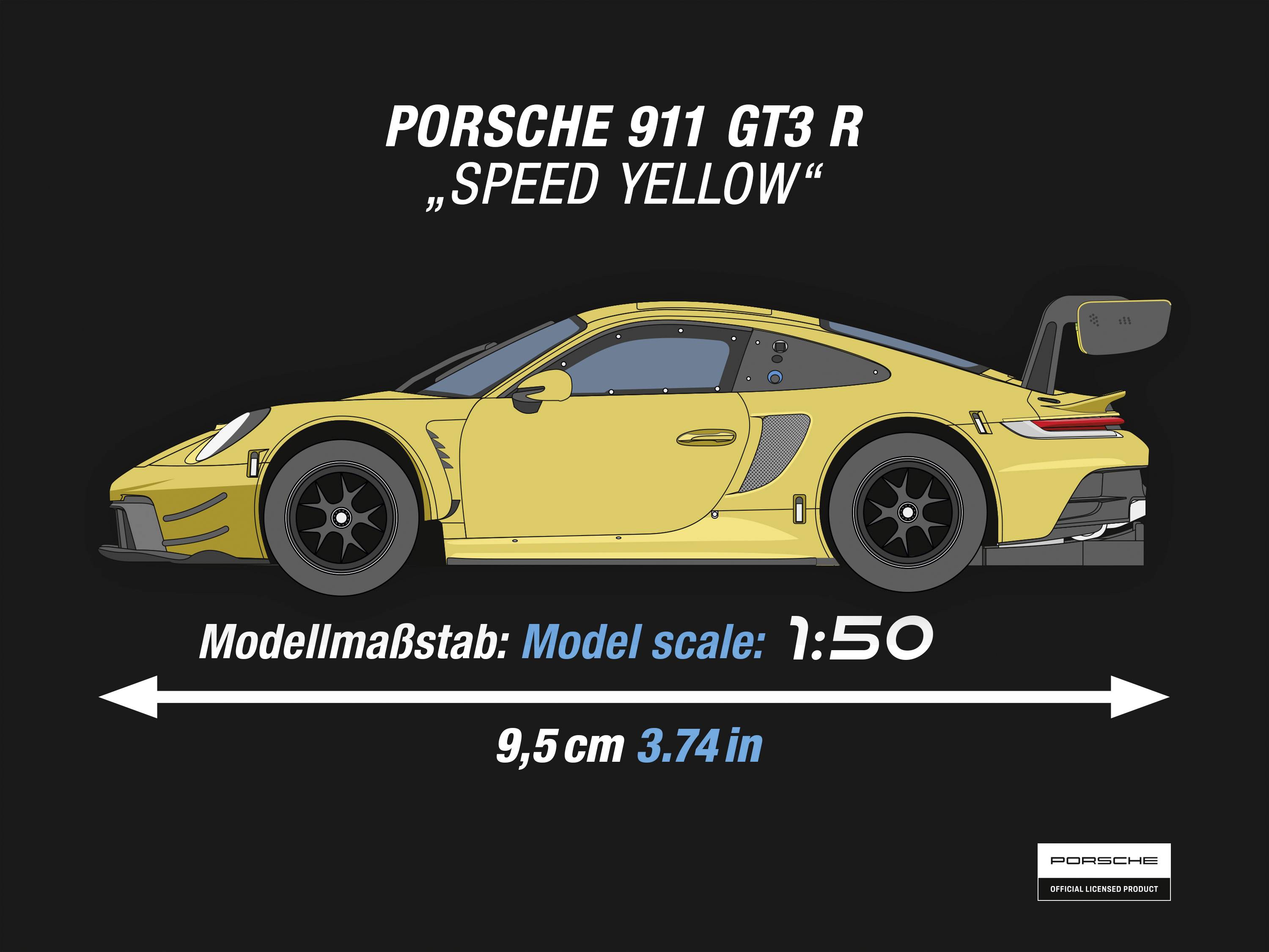 Žlutý model Porsche 911 GT3 R, měřítko 1:50, délka 9,5 cm.