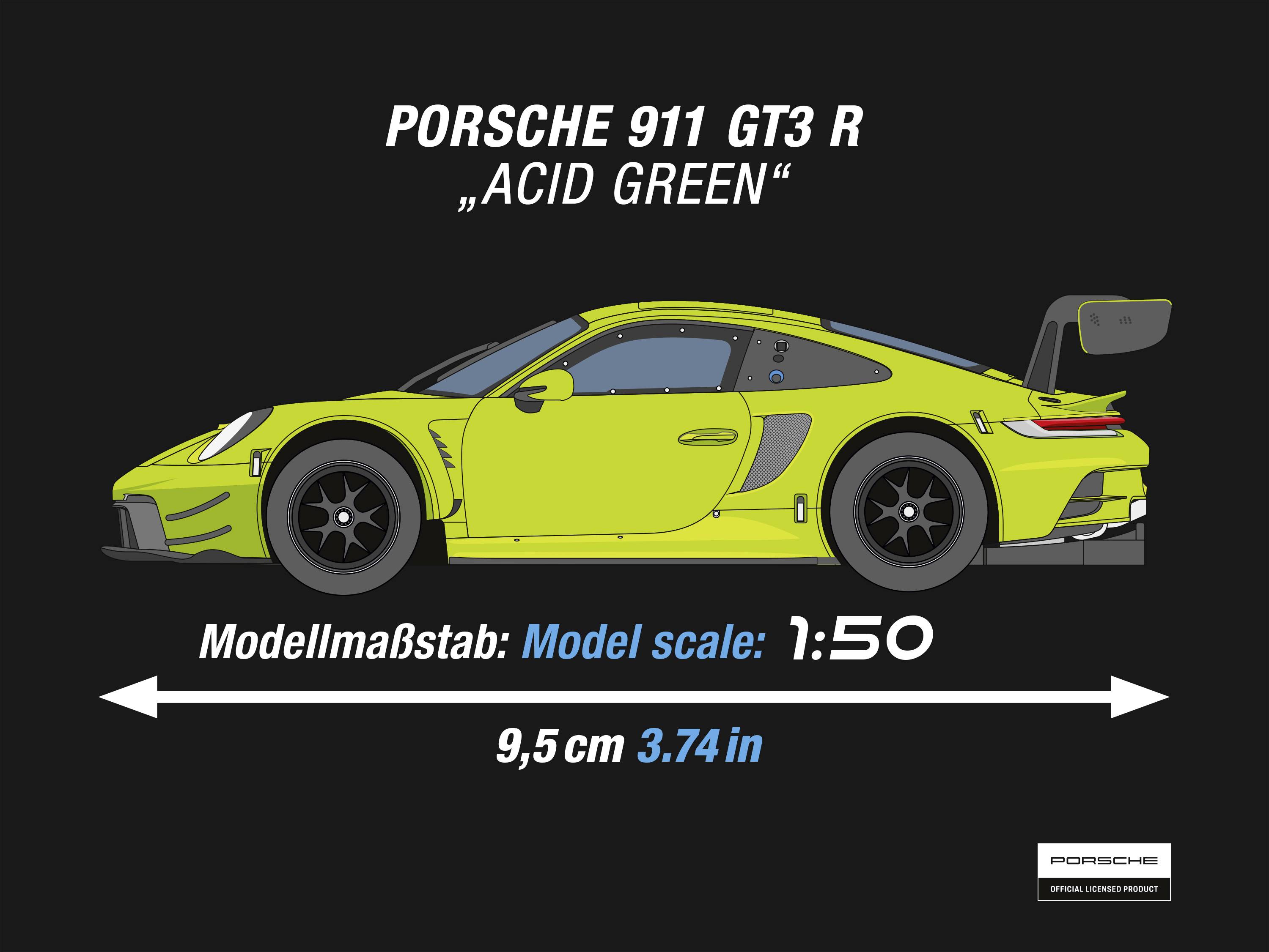 Ilustrace Porsche 911 GT3 R v barvě 'Acid Green' v měřítku modelu 1:50. Délka: 9,5 cm (3,74 palce).