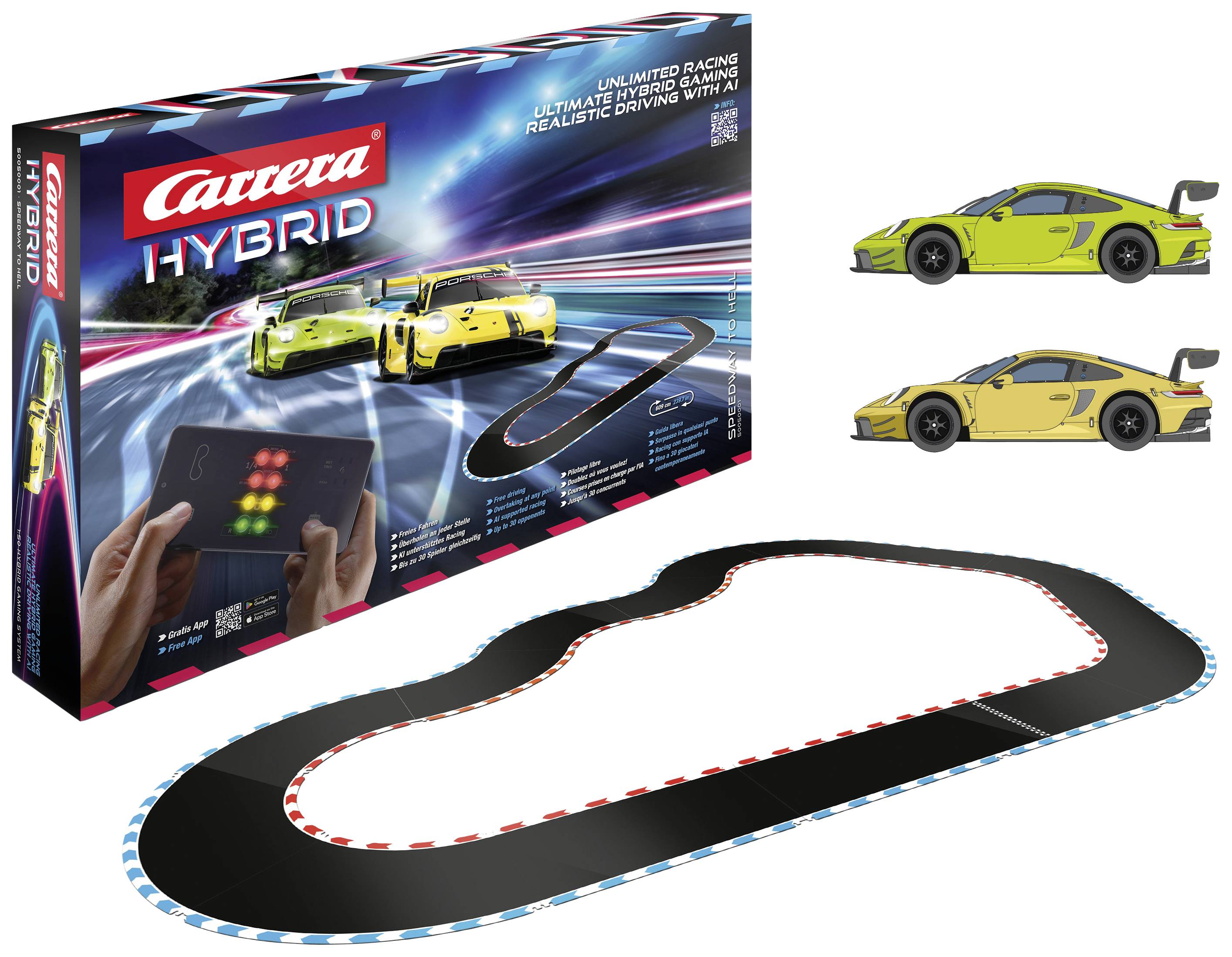 Hrací box s autodráhou 'Carrera Hybrid' s dvěma žlutými závodními auty na obalu, zobrazující design tratě pro hru.