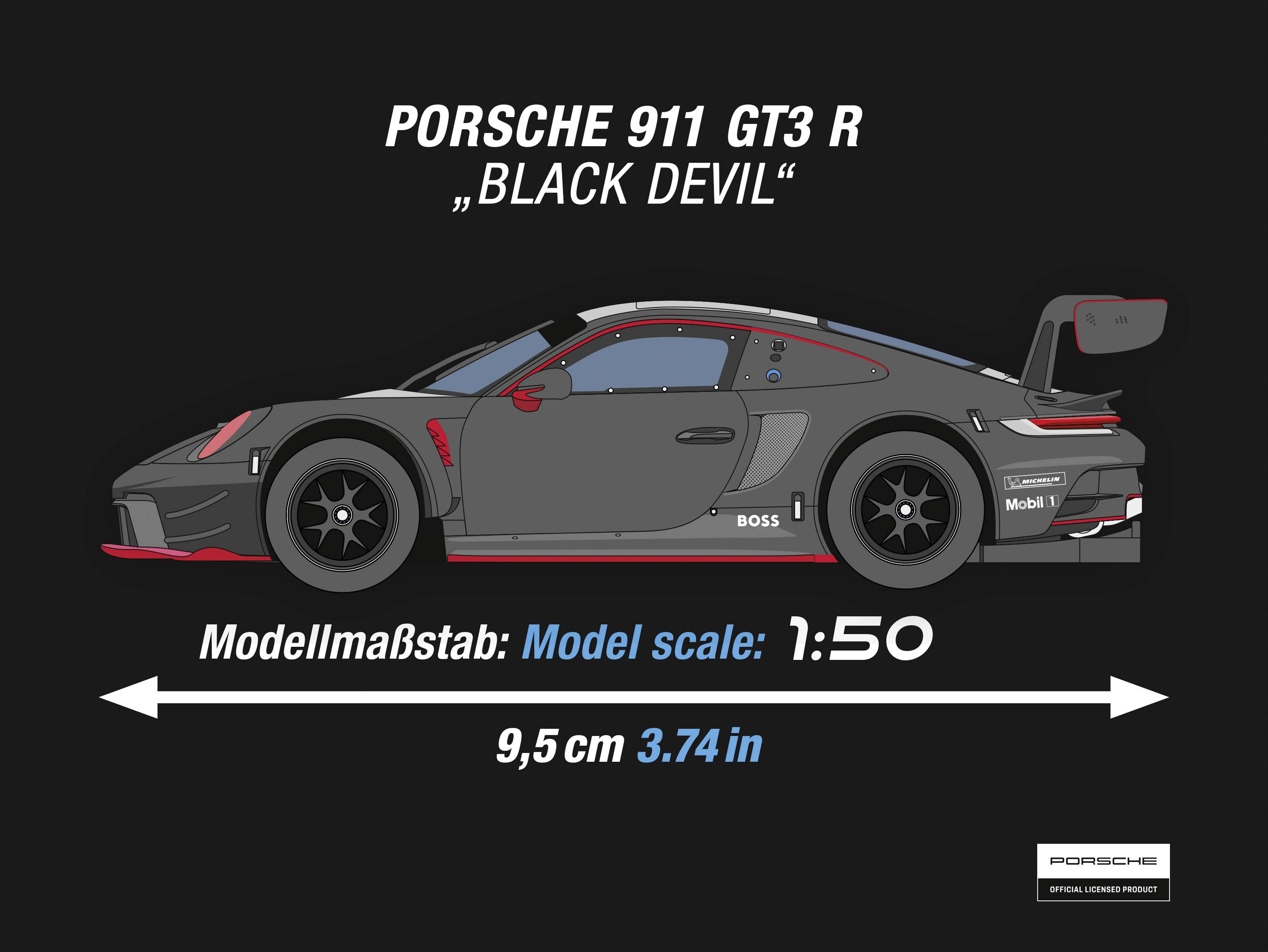 Model 'Porsche 911 GT3 R' v černé barvě, boční pohled. Text: 'Black Devil', měřítko modelu 1:50, délka 9,5 cm.