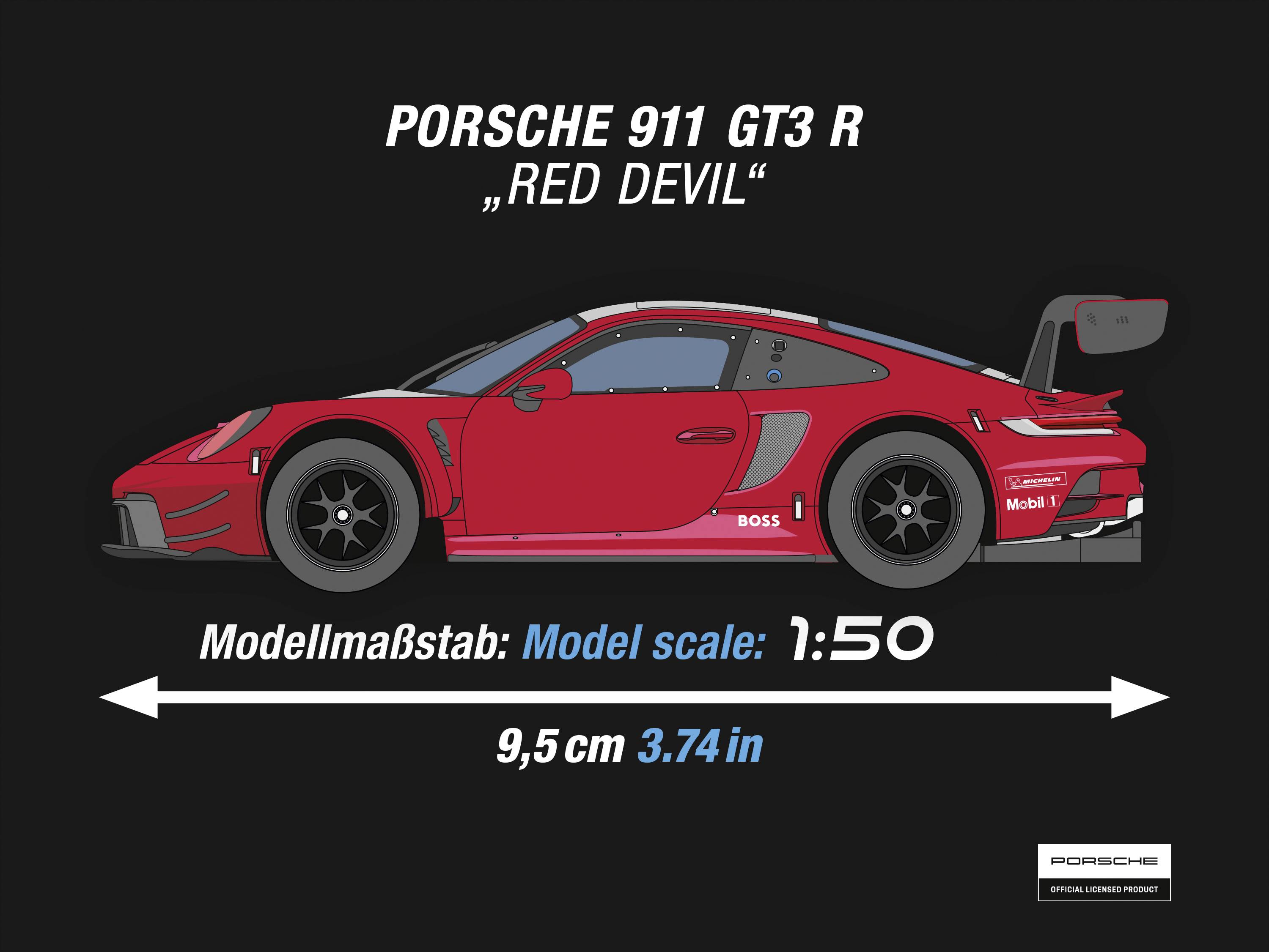 Zobrazení červeného Porsche 911 GT3 R s názvem 'Red Devil', modelové měřítko 1:50, délka 9,5 cm (3,74 palce).