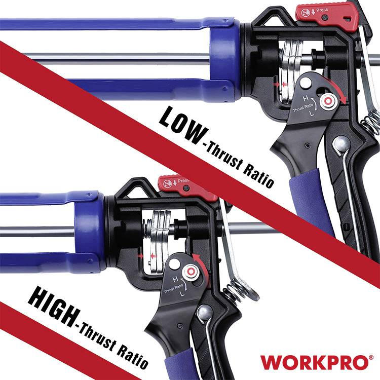 Kartušová pistole 'WORKPRO' s přepínatelným mechanismem tlaku. Dva módy: vysoký a nízký tlak pro zpracování těsnicích hmot různé hustoty.