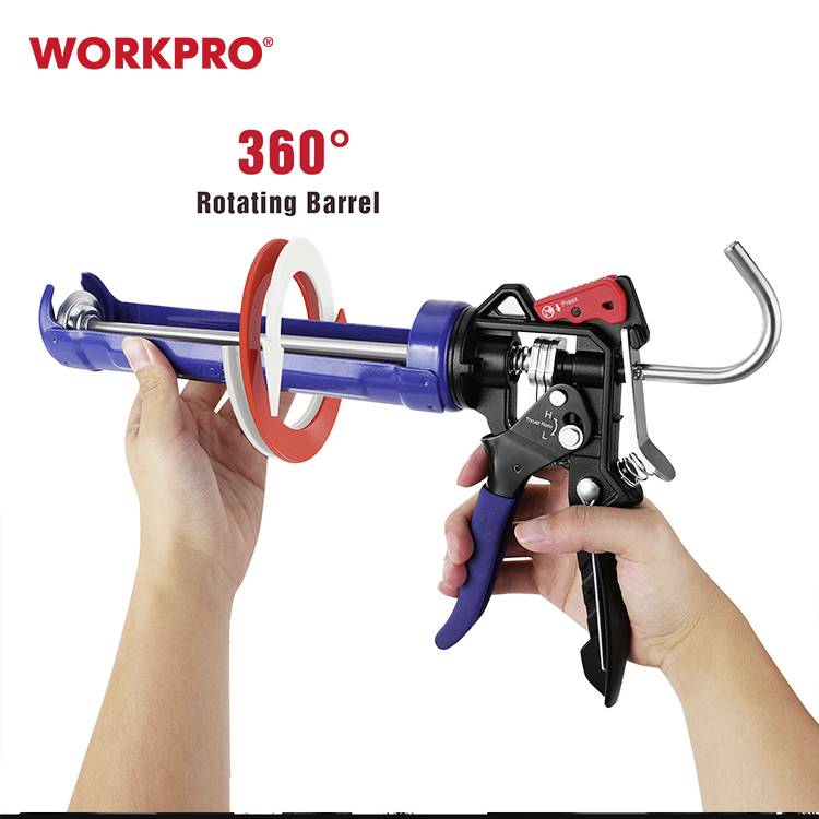 Dvě ruce drží modrou kartuškovou pistoli s 360stupňovou otočnou kazetou. Vlevo nahoře je nápis 'WORKPRO'.