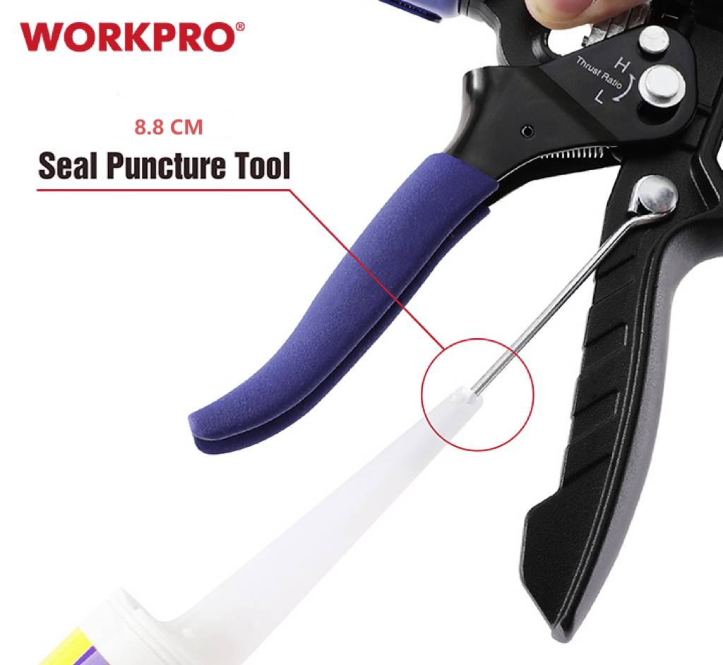 Nástroj s modrými rukojeťmi propichuje těsnicí víčko. Text uvádí 'Seal Puncture Tool, 8,8 cm'.