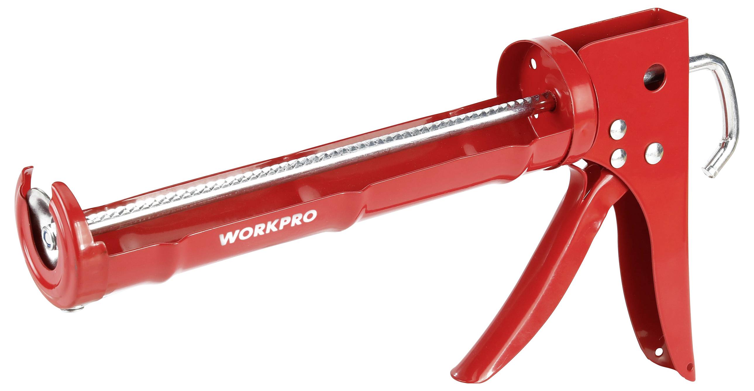 Červený kartušový lis s potiskem 'WORKPRO' položený na boku. Používá se pro stavební a opravárenské práce k nanášení těsnicích hmot.