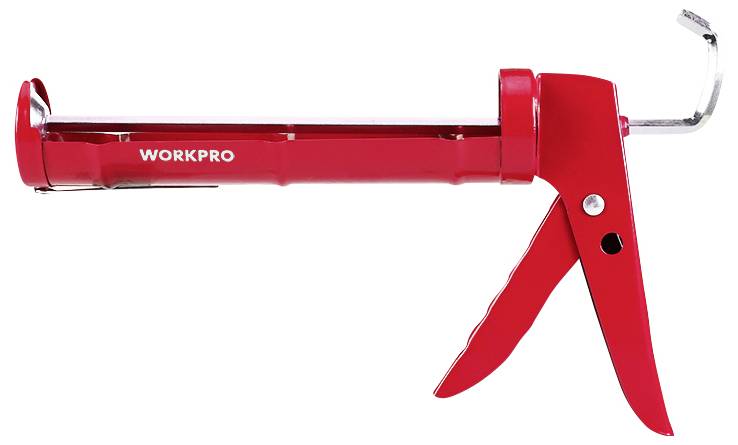 Červená vytlačovací pistole na kartuše, zobrazená z boku, s pákou a hákem, značka 'WORKPRO' na trubici.