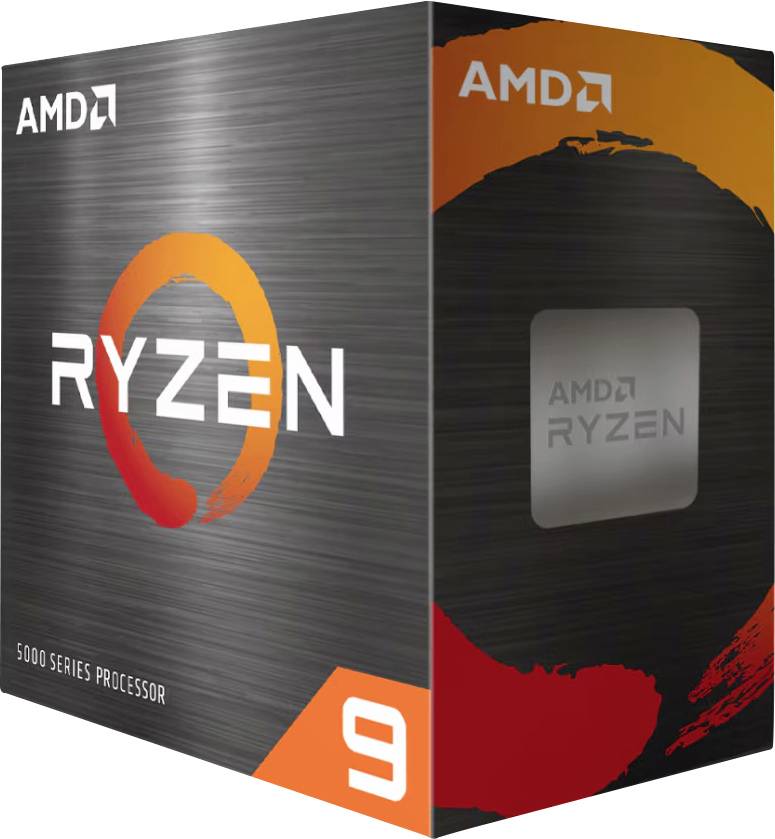 Obal procesoru AMD Ryzen 9 série 5000 s černým pozadím a oranžovým logem.