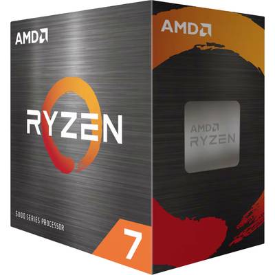 Balení procesoru AMD Ryzen 7 s oranžovo-červeným logem na šedém pozadí. Je popsán procesor série 5000.