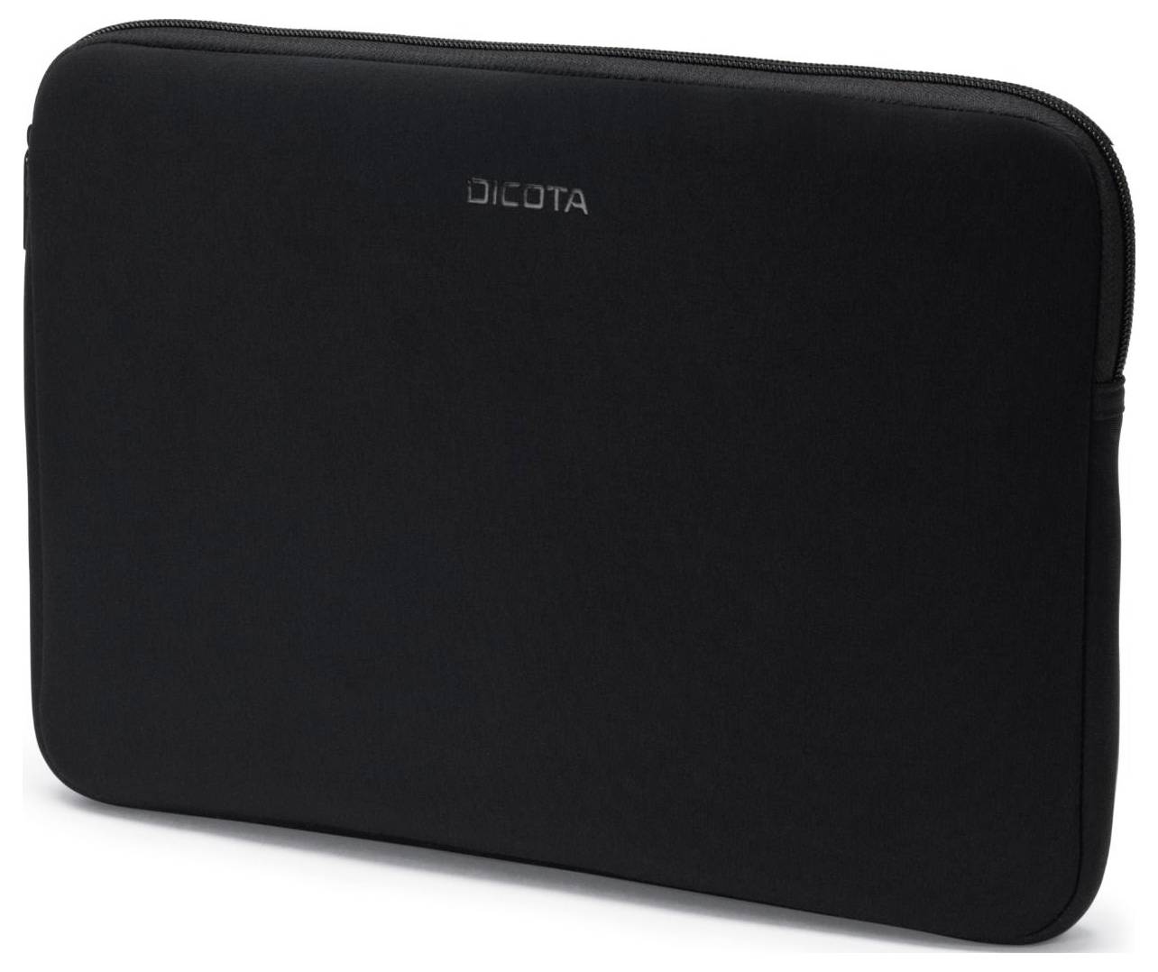 Černý obal na notebook, obdélníkového tvaru a minimalistického designu, se zipem na horní hraně.