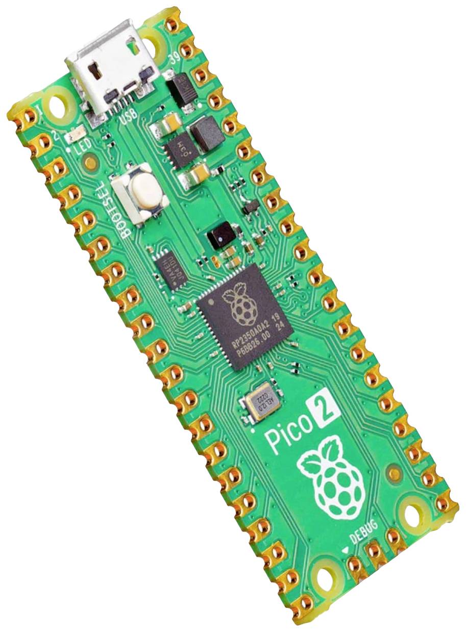 Mikrořadič Raspberry Pi Pico v zelené barvě se zlatými konektory a USB portem. Označený nápisem 'Pico 2' a symbolem maliny.