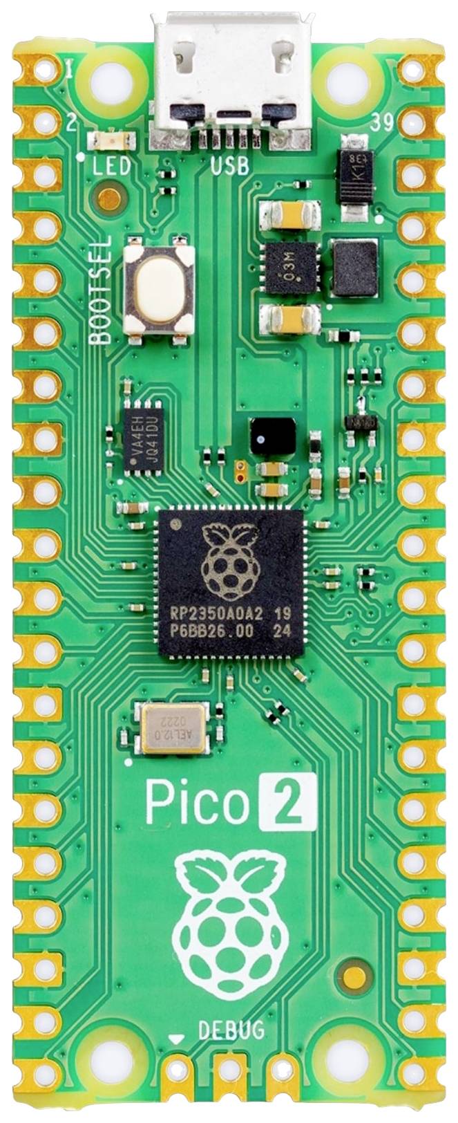 Zelená deska mikrořadiče s USB portem, LED diodami a několika elektrickými komponenty. Označená nápisem 'Pico 2' a logem Raspberry.