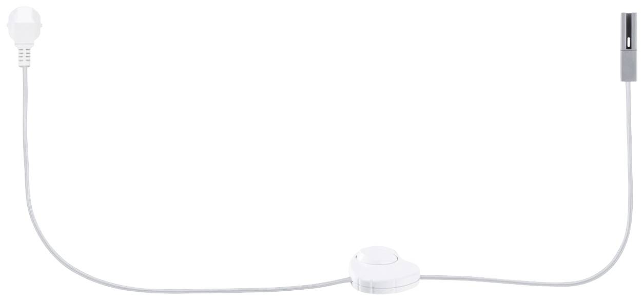 Bílý prodlužovací kabel s centrálním vypínačem a dvěma zásuvkami na koncích.