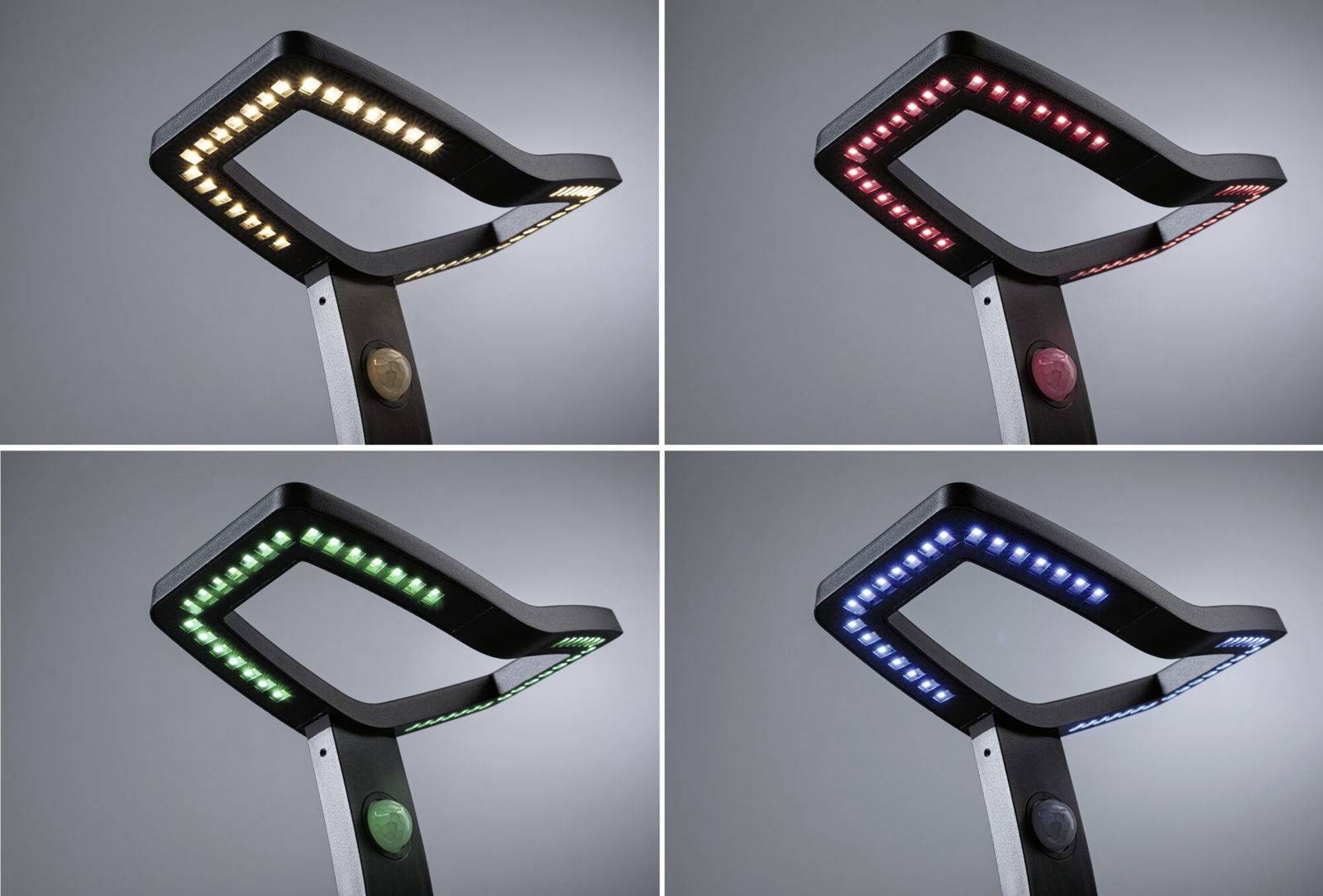 Čtyři futuristické pouliční lampy ukazují různé barvy LED světel: vlevo nahoře teplá bílá, vpravo nahoře červená, vlevo dole zelená, vpravo dole modrá.