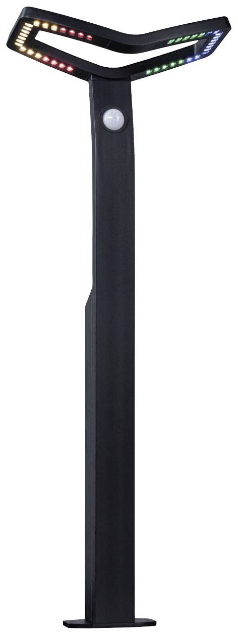 Moderní černá pouliční lampa se senzorem, vybavená barevnými LED světly na ramenech pro osvětlení.