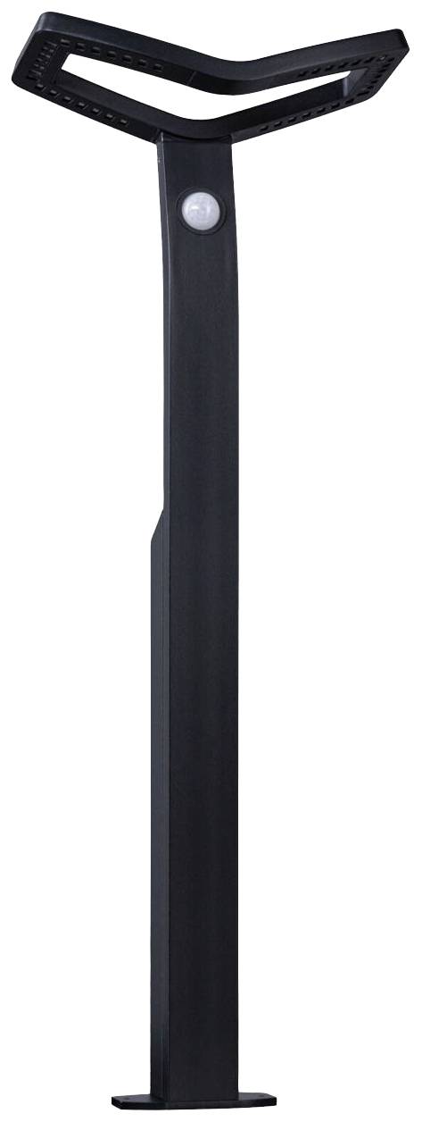 Černý kovový objekt, který vypadá jako moderní stojan na kola, s širokou, do V tvarovanou horní konzolí.