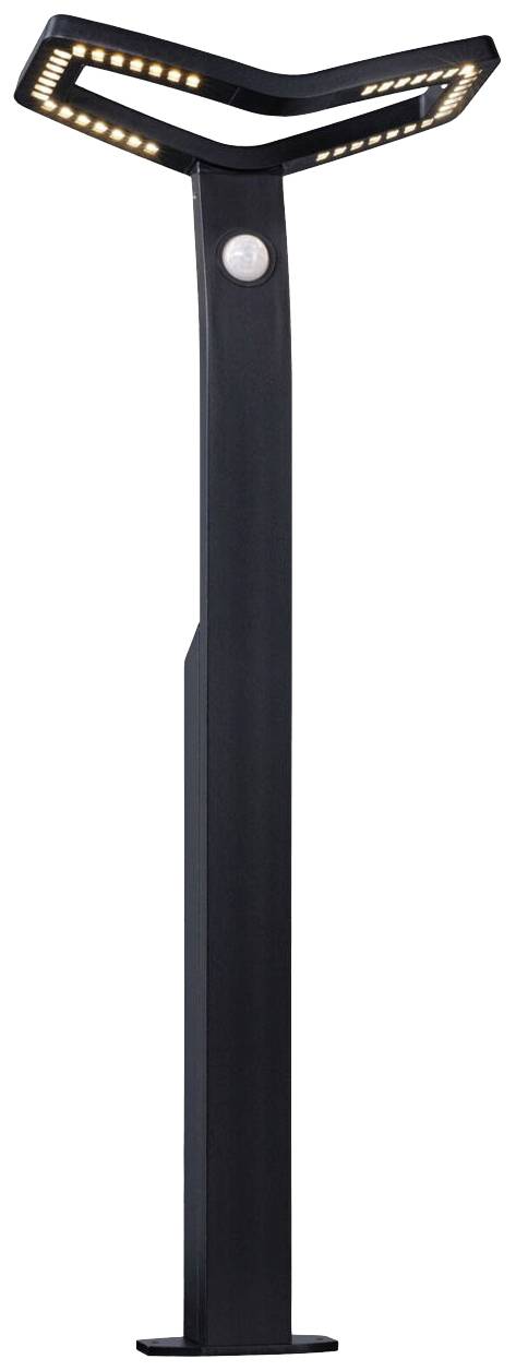 Moderní černý venkovní osvětlovací sloup s úspornými LED světly, ideální pro osvětlení zahradních cest nebo teras.