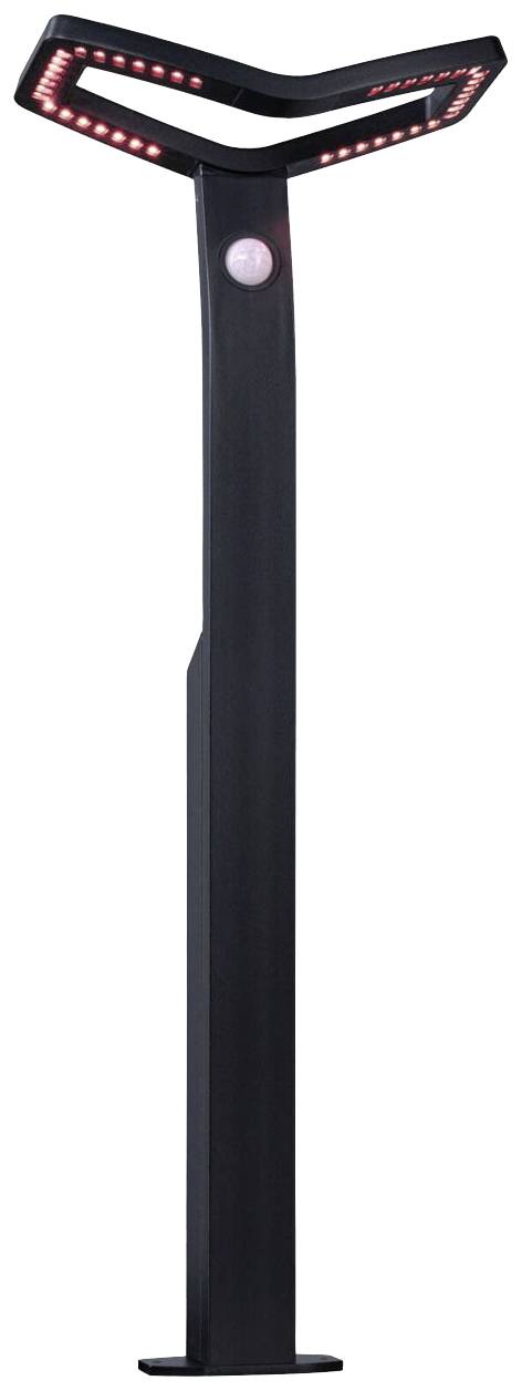 Černá, moderní pouliční lampa s červeným LED osvětlením podél horního okraje. Vhodná pro městské osvětlení.