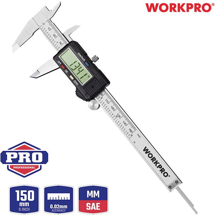 Digitální posuvné měřítko s LCD displejem zobrazuje '34.91'. Značka 'WORKPRO' v pravém horním rohu, měřicí rozsah 150 mm (6 palců), přesnost 0,02 mm.