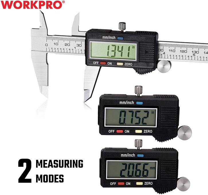 Digitální posuvné měřítko se dvěma měřicími módy, zobrazuje rozměry 134,1 mm a 20,66 mm. Elektronický displej pro mm/palce.
