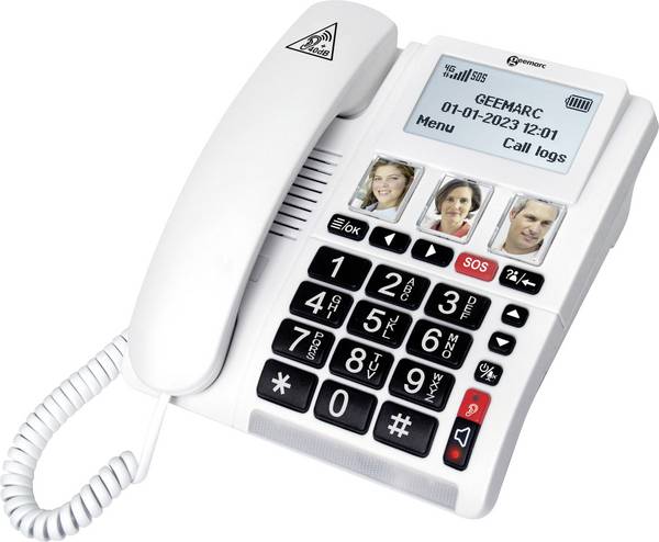 Geemarc CL9000 bezdrátový telefon pro seniory  tlačítko fotoaparátu, handsfree, kompatibilní s naslouchadly , vč. nouzového terminálu, optická signalizace hovoru, voděodolný LCD displej bílá