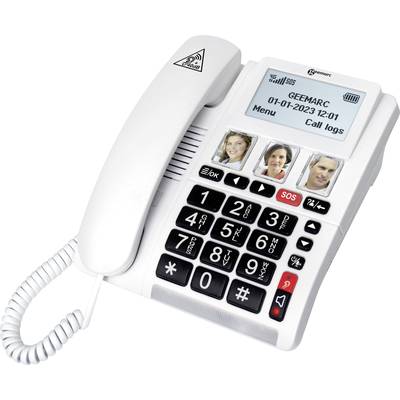 Bílý stolní telefon s velkými tlačítky a fotografiemi tří osob pro rychlou volbu. Zobrazuje datum '01-01-2023' a čas '12:01'.