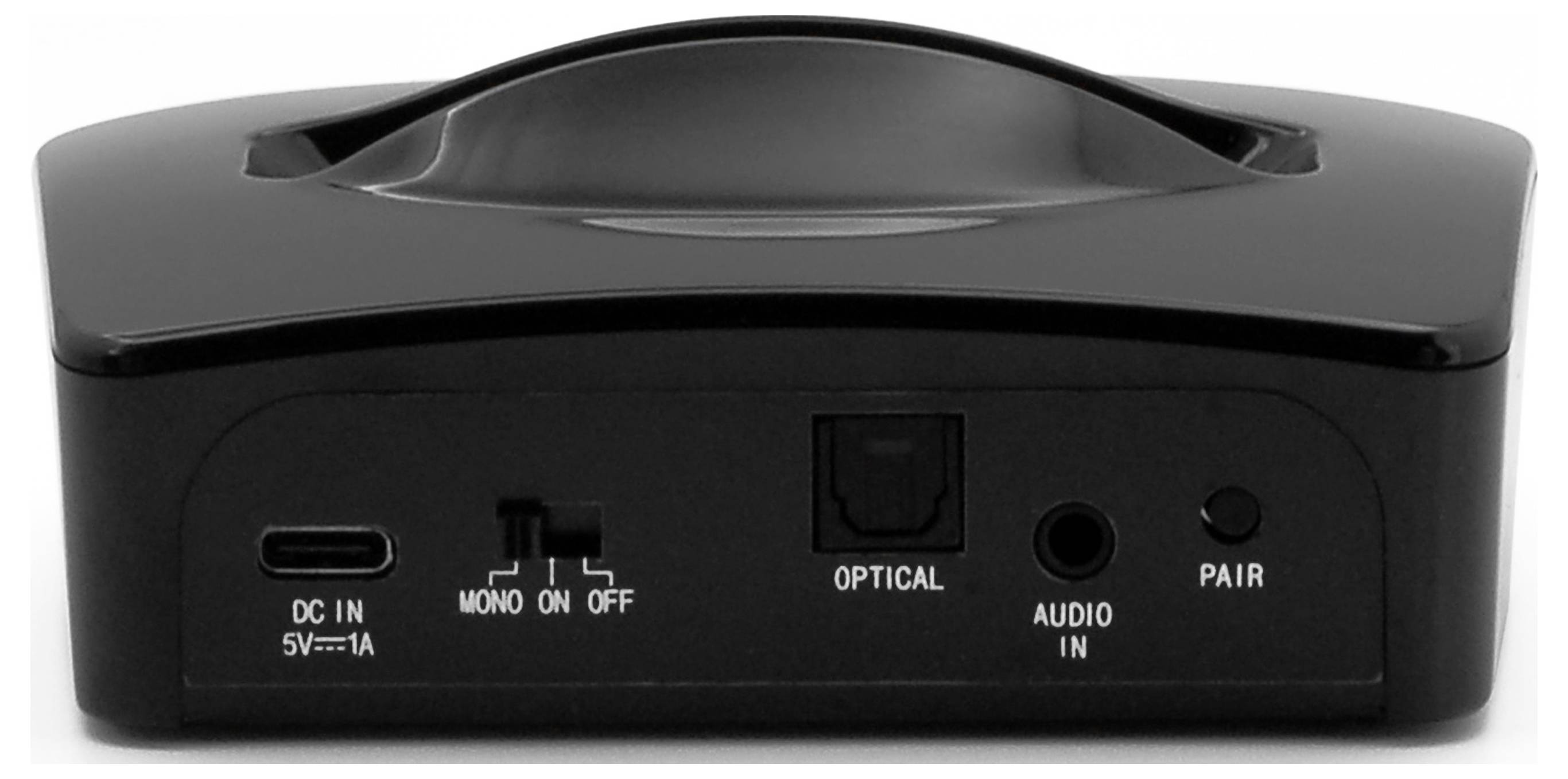 Černé elektronické zařízení s konektory: DC IN, MONO ON/OFF, OPTICAL, AUDIO IN a PAIR na zadní straně.