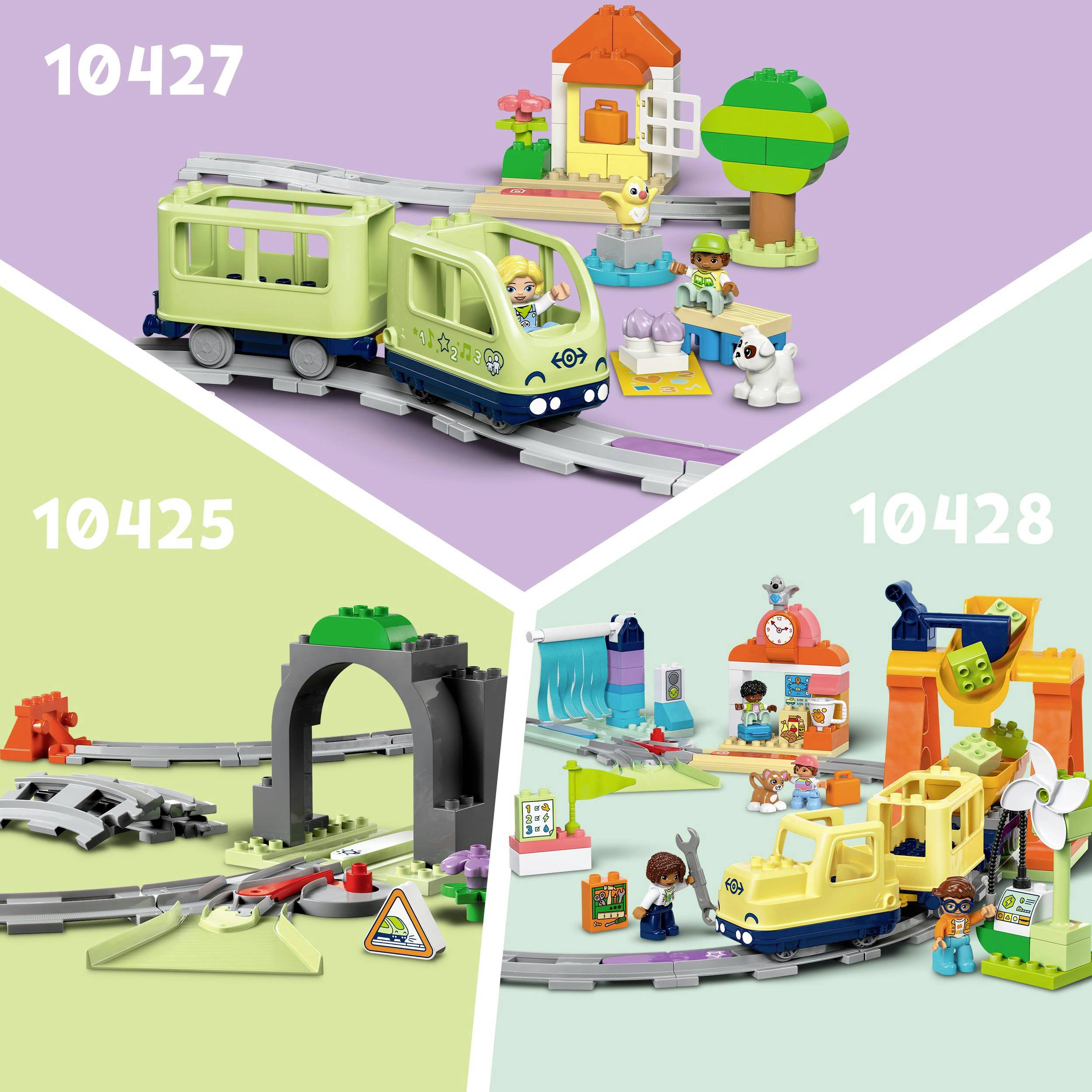 Tři scény s LEGO vlakovými soupravami: nahoře zelený vlak s figurkami a domem, vlevo koleje s tunelem, vpravo žlutý vlak s figurkami v prostředí dílny.