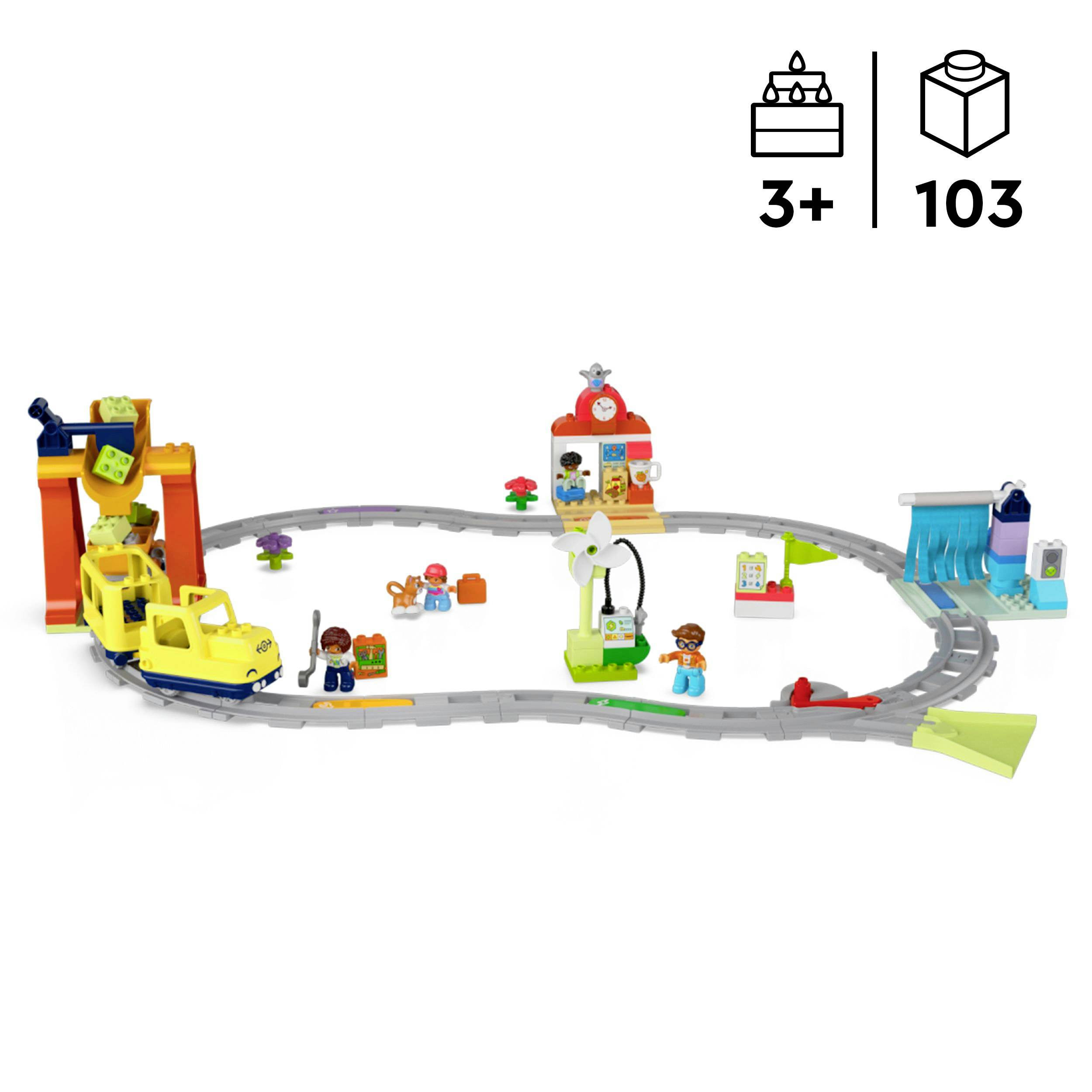 Žlutý hrací vlak na oválné kolejové dráze s figurkami a doplňky. Doporučeno pro děti od 3 let. Sada obsahuje 103 dílů.