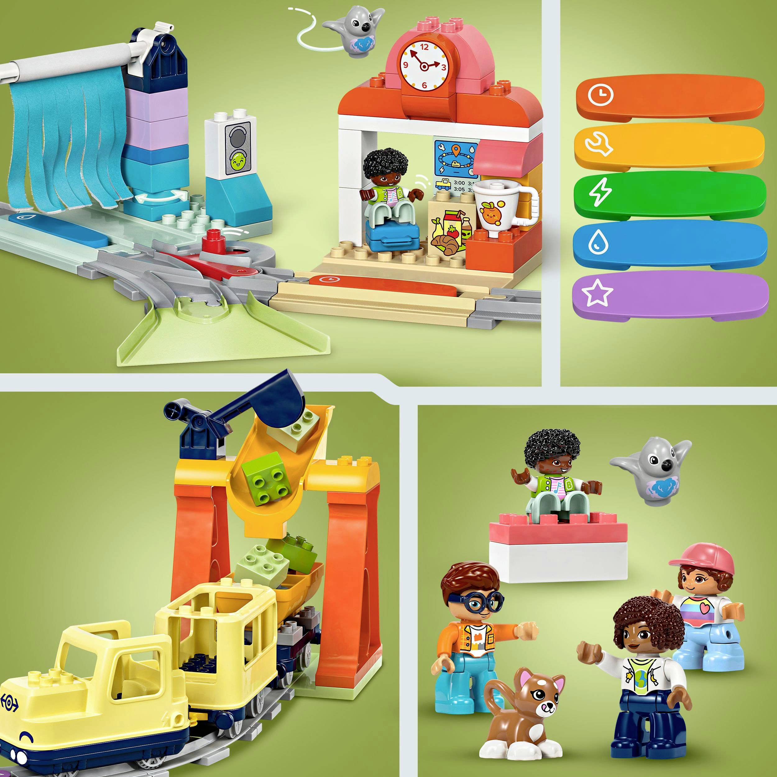 Sady Lego stavebnic zobrazují různé scénáře: myčka s malým vlakem, hračkový vlak s jeřábem a lidé s figurkami zvířat; barevné tlačítkové postavičky.