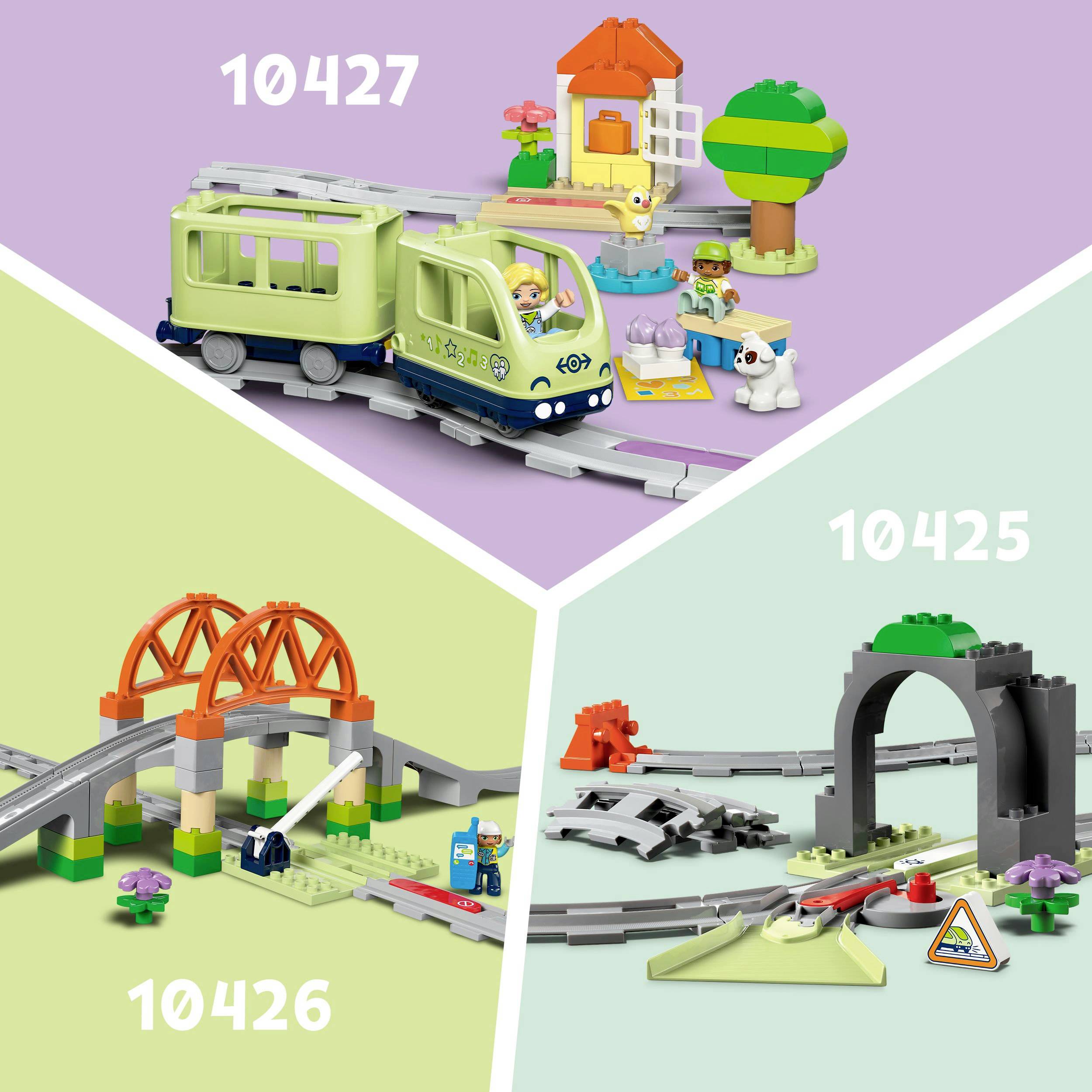 Trojúhelníková koláž se třemi sadami LEGO vlakových souprav: sada 10427, 10426 s mostem a 10425 s tunelem. Každá sada ukazuje odlišné návrhy tratí.