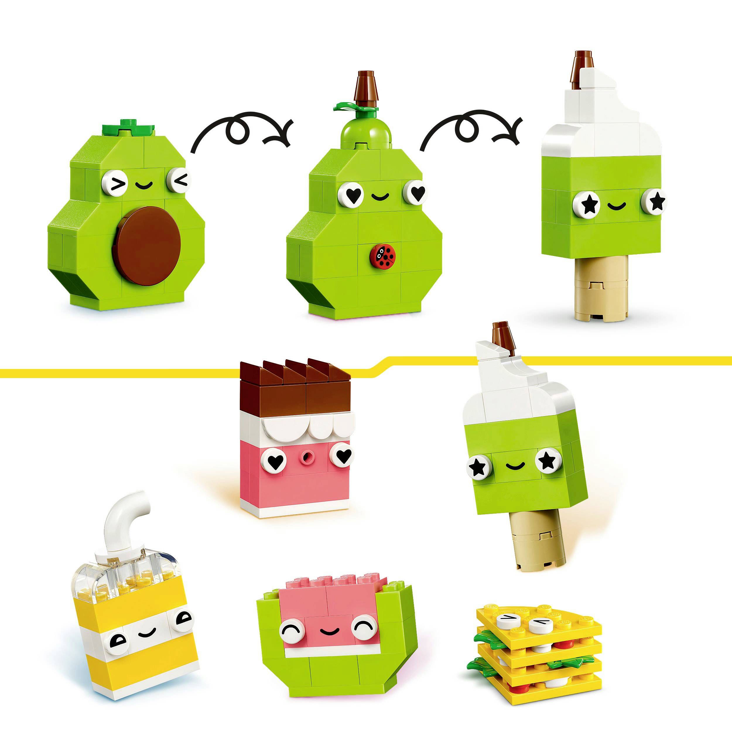 Šest Lego staveb: Avokádo, hruška, zmrzlina, dort, jahoda, waffle. Každá má oči a obličej, aby jim dodala osobitost.